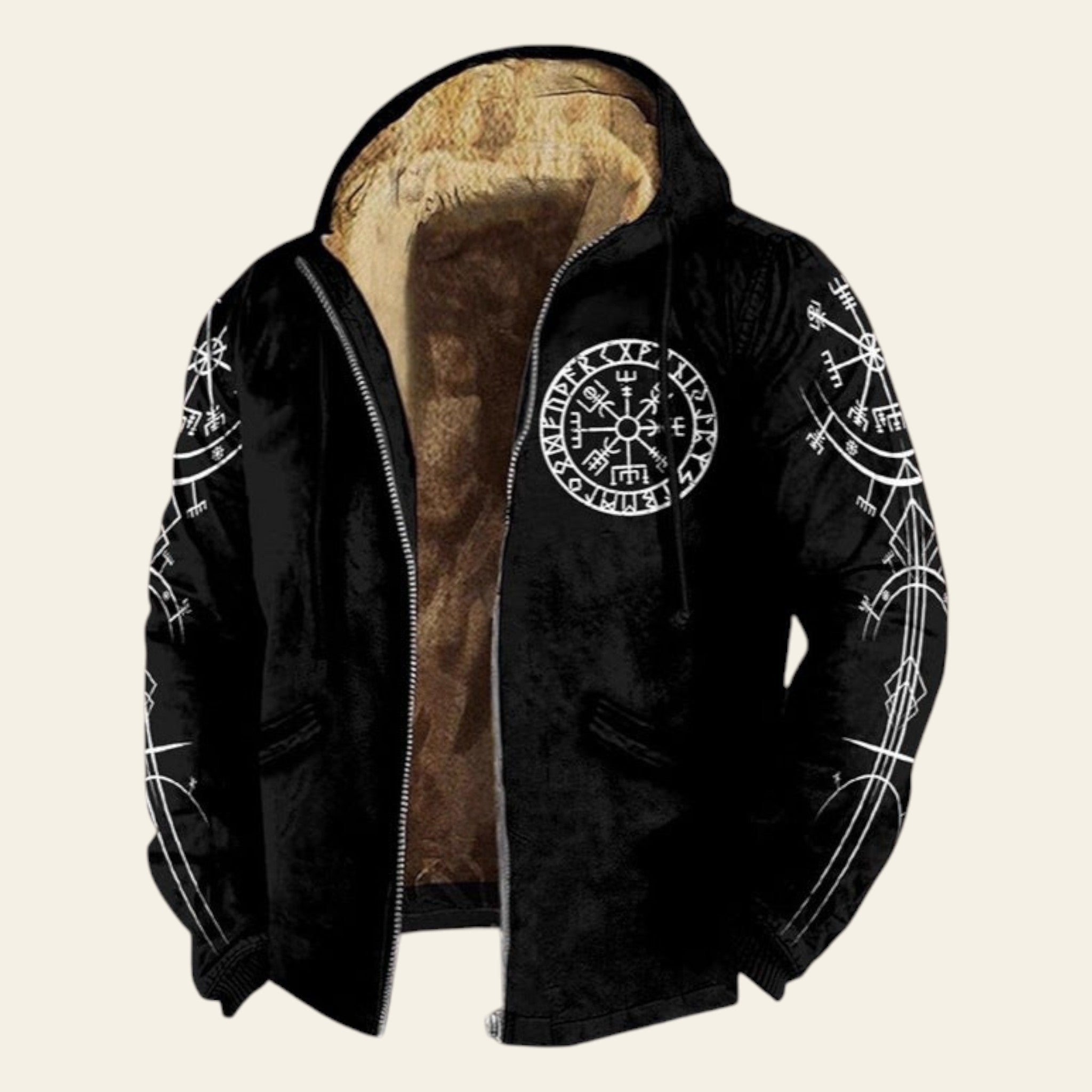 Men's black hooded jacket with white graphic details and fleece lining on textured background