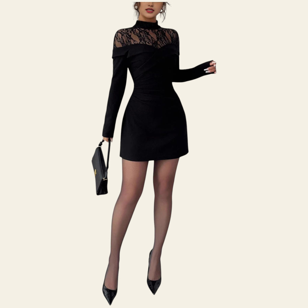Woman in a black lace bodycon dress with long sleeves, full body view