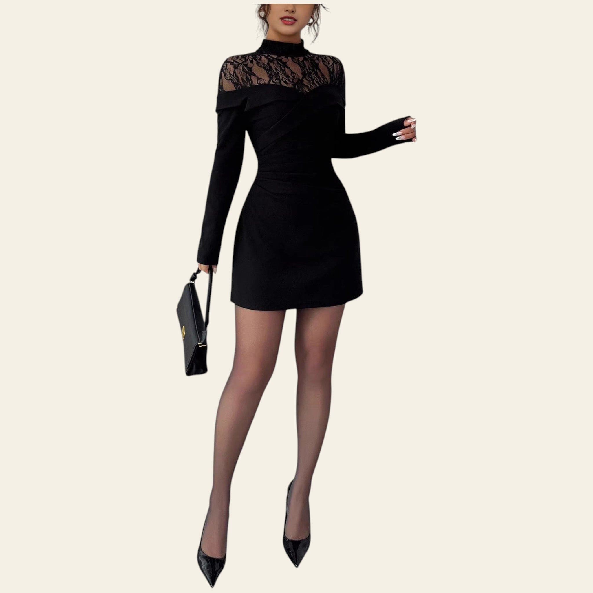 Woman in a black lace bodycon dress with long sleeves, full body view