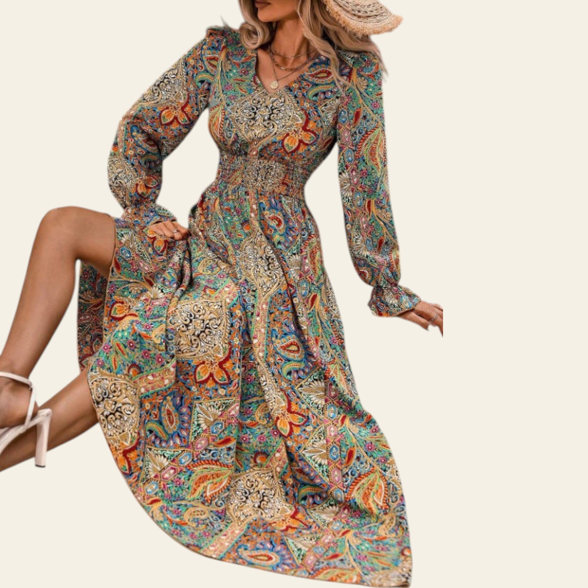 women's long sleeve floral maxi dress with flowing fit