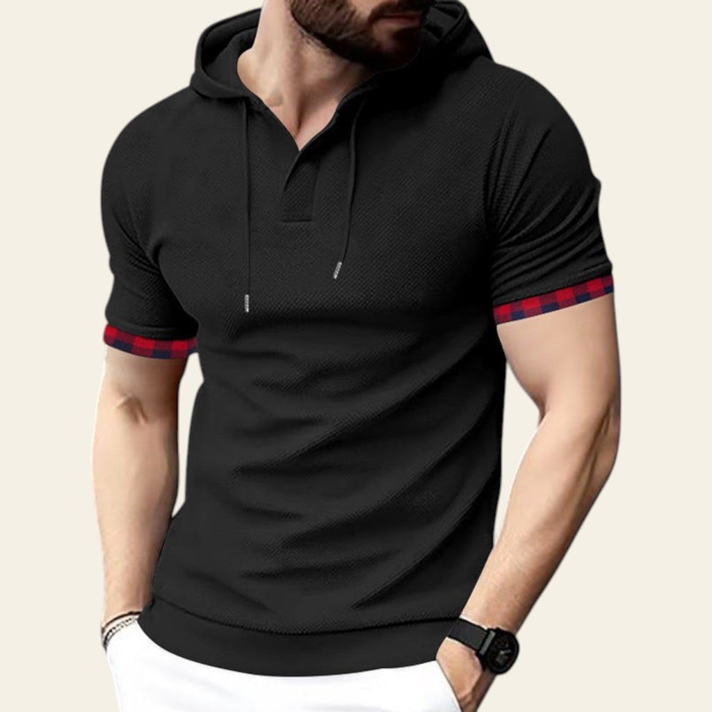 Man wearing a black short sleeve hoodie t-shirt with sporty casual design