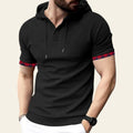 Man wearing a black short sleeve hoodie t-shirt with sporty casual design