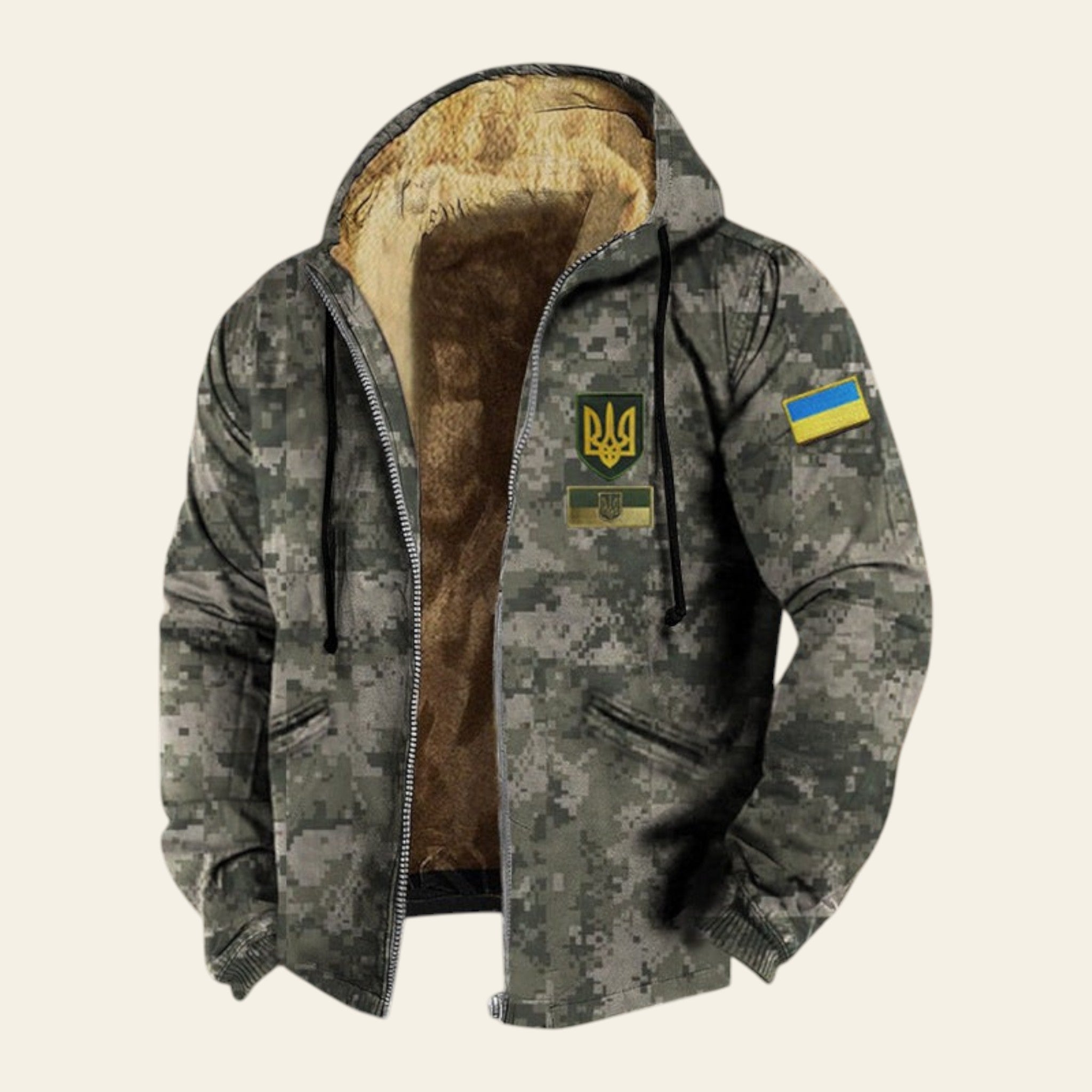Men's camouflage gray hooded jacket with fleece lining and patch details on textured background