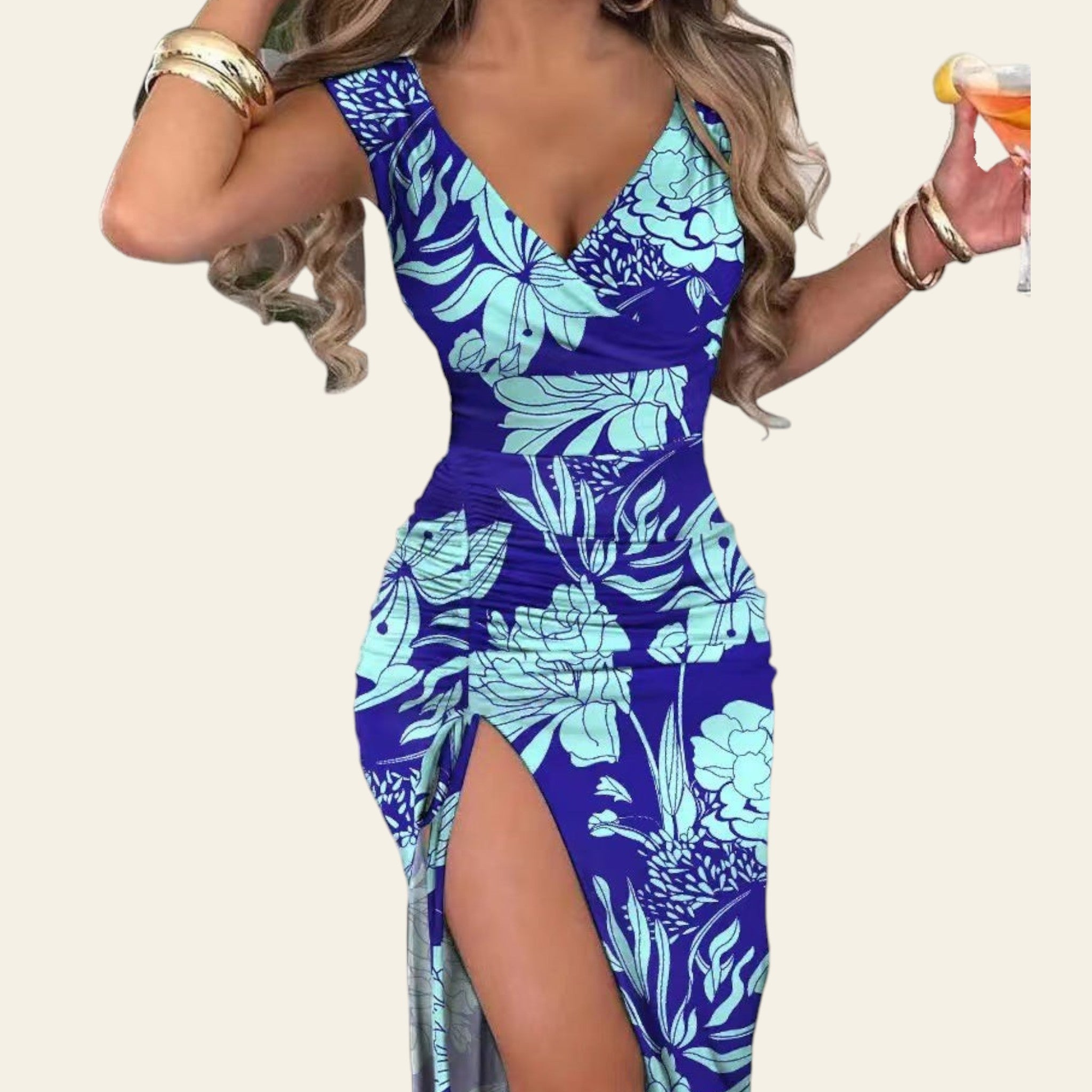 Woman wearing a blue floral slit slim fit dress