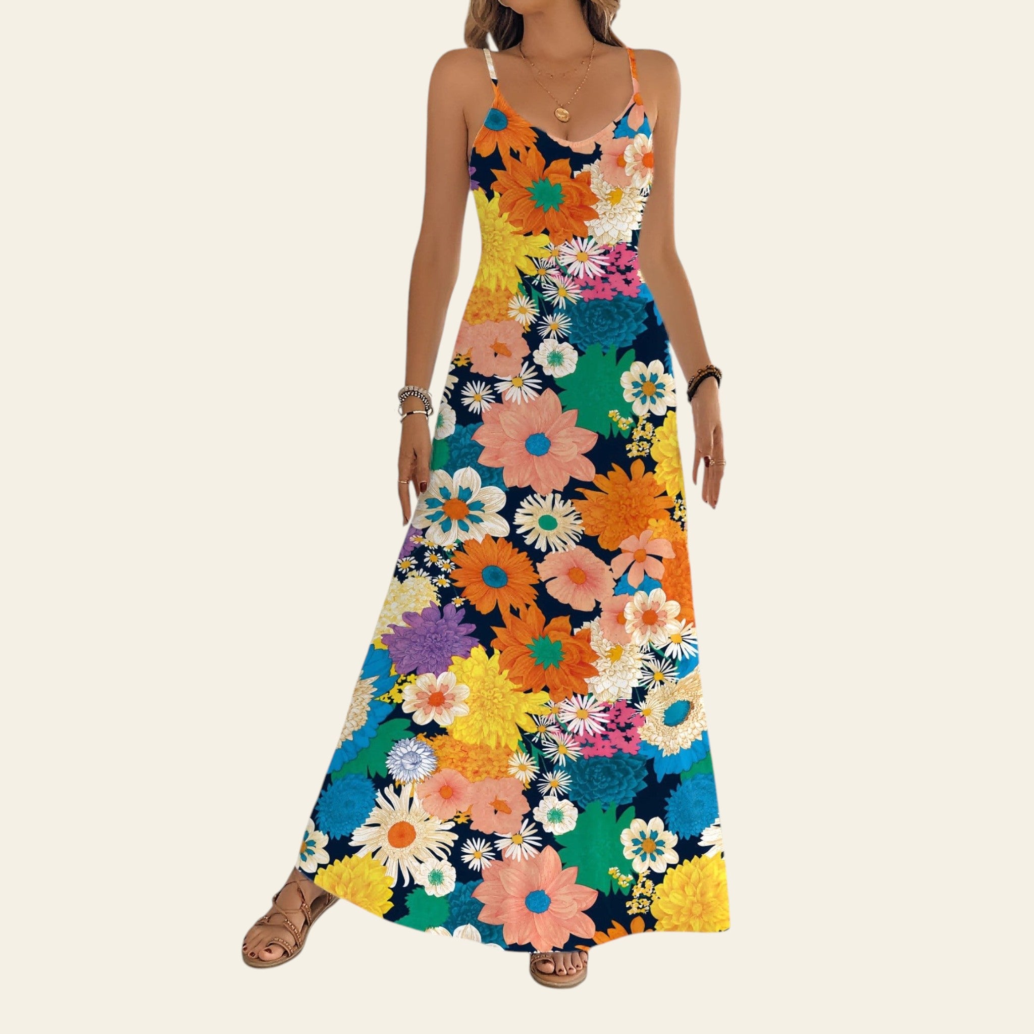 Women's long floral slip dress colorful print side view