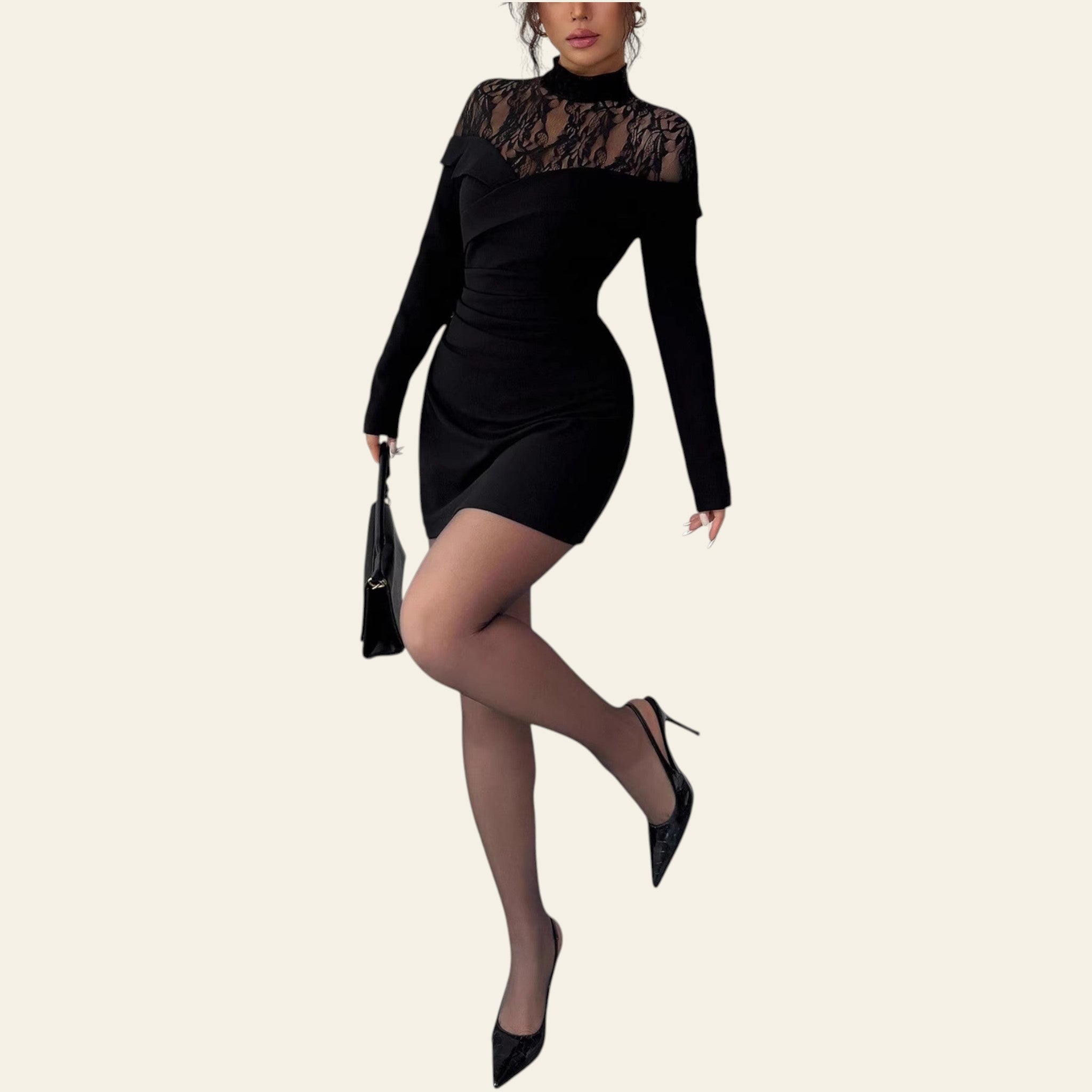 Woman walking in a black lace bodycon dress, side profile