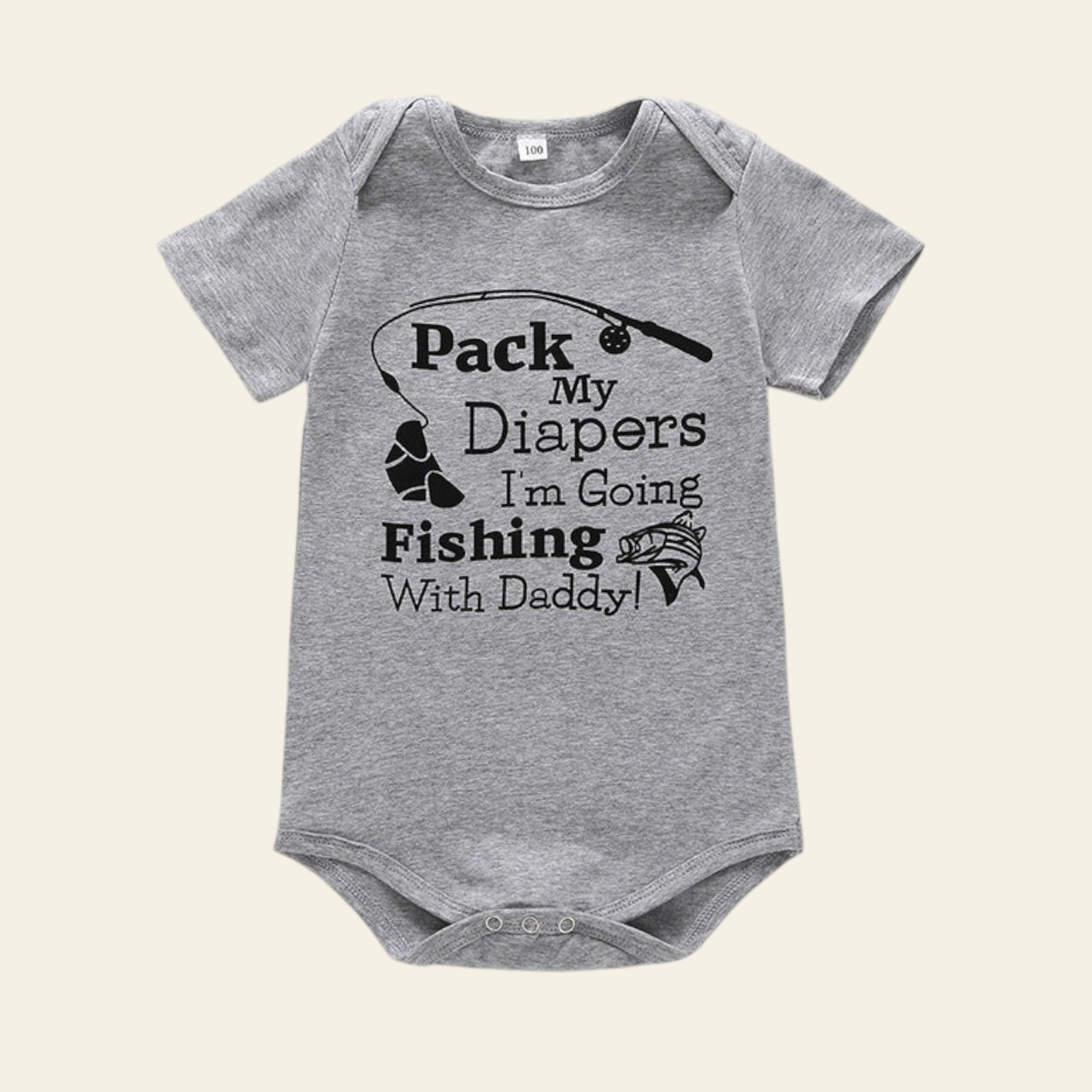 Gray baby onesie with fishing-themed text on a white surface