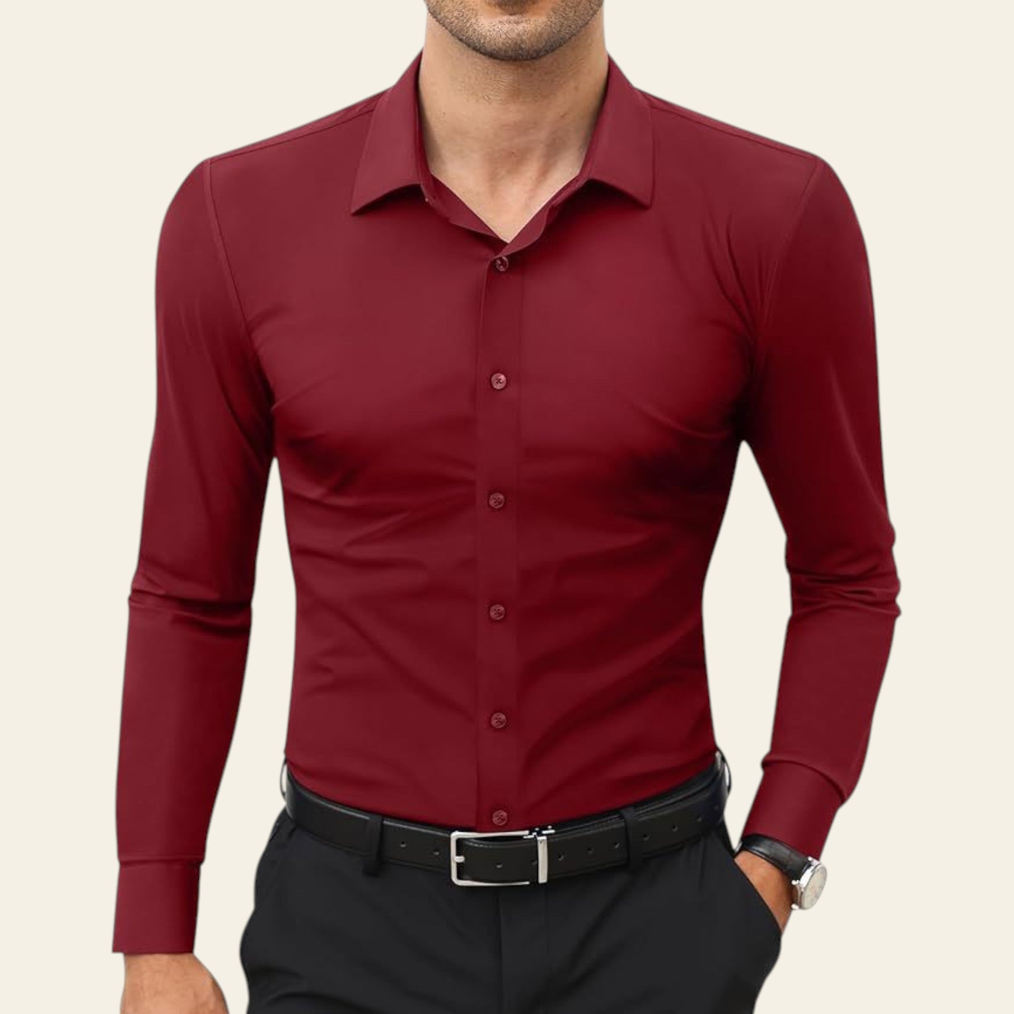 Man wearing a wine red long sleeve men's shirt