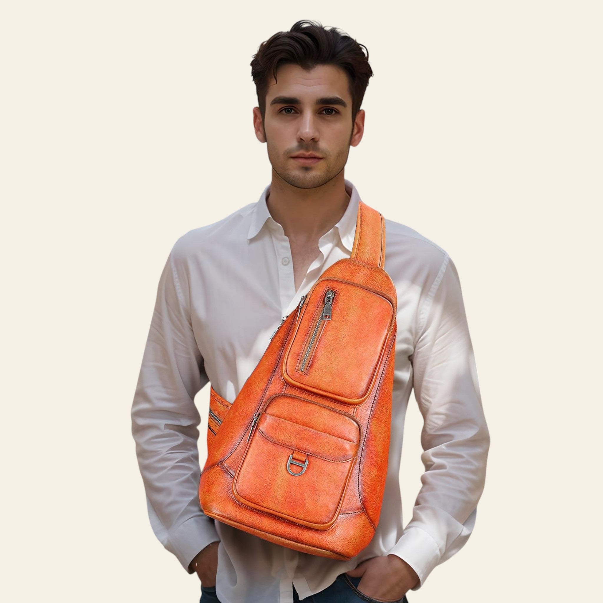 Man wearing an orange leather sling bag on a city street