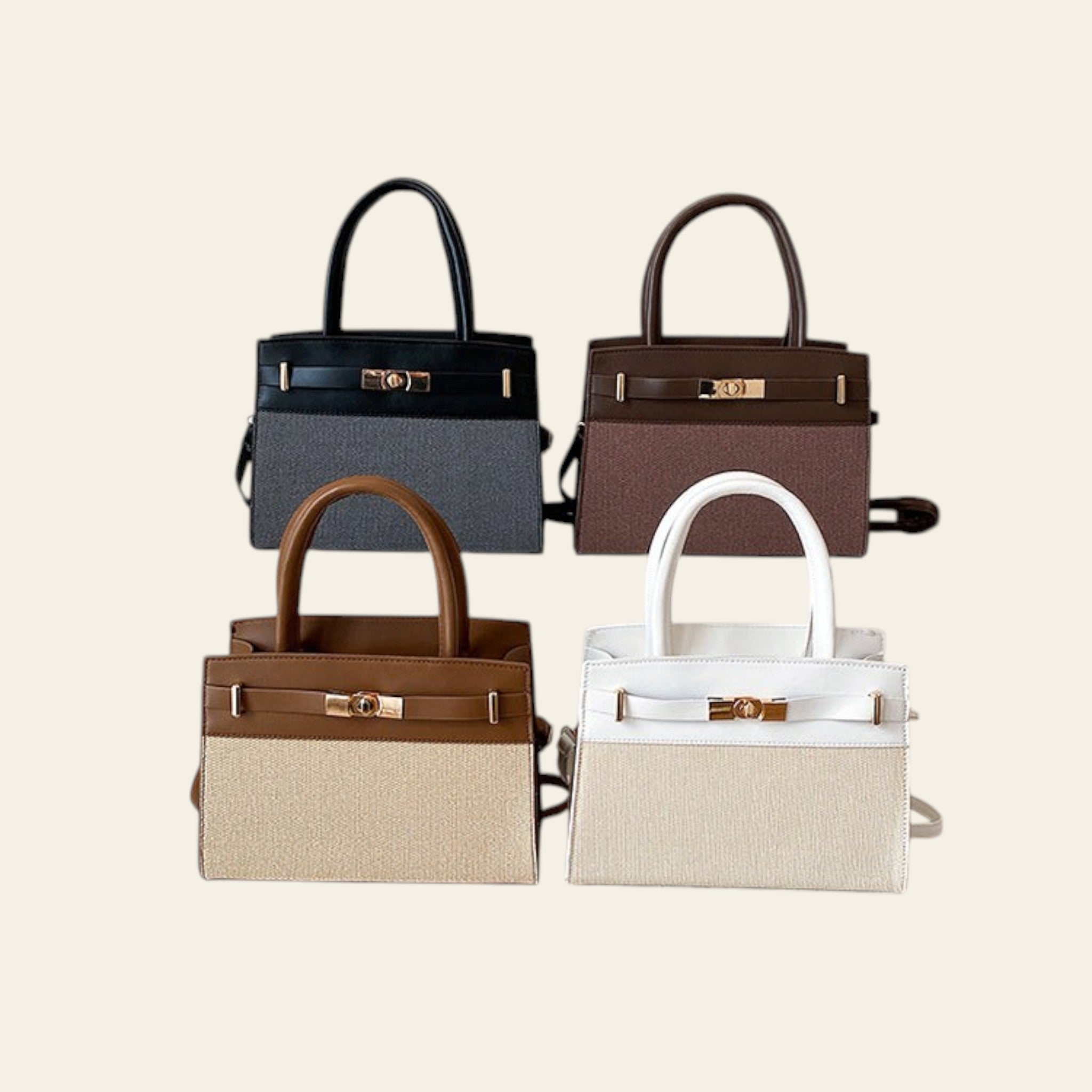 Four handbags in different colors on a white surface with a minimal background.