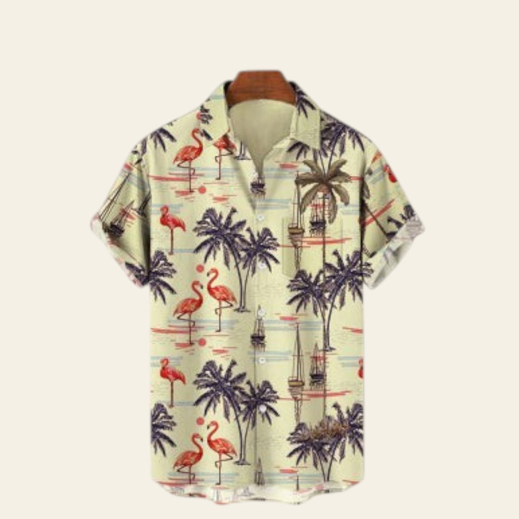 White men's short sleeve shirt with tropical palm tree and flamingo print, casual lapel design