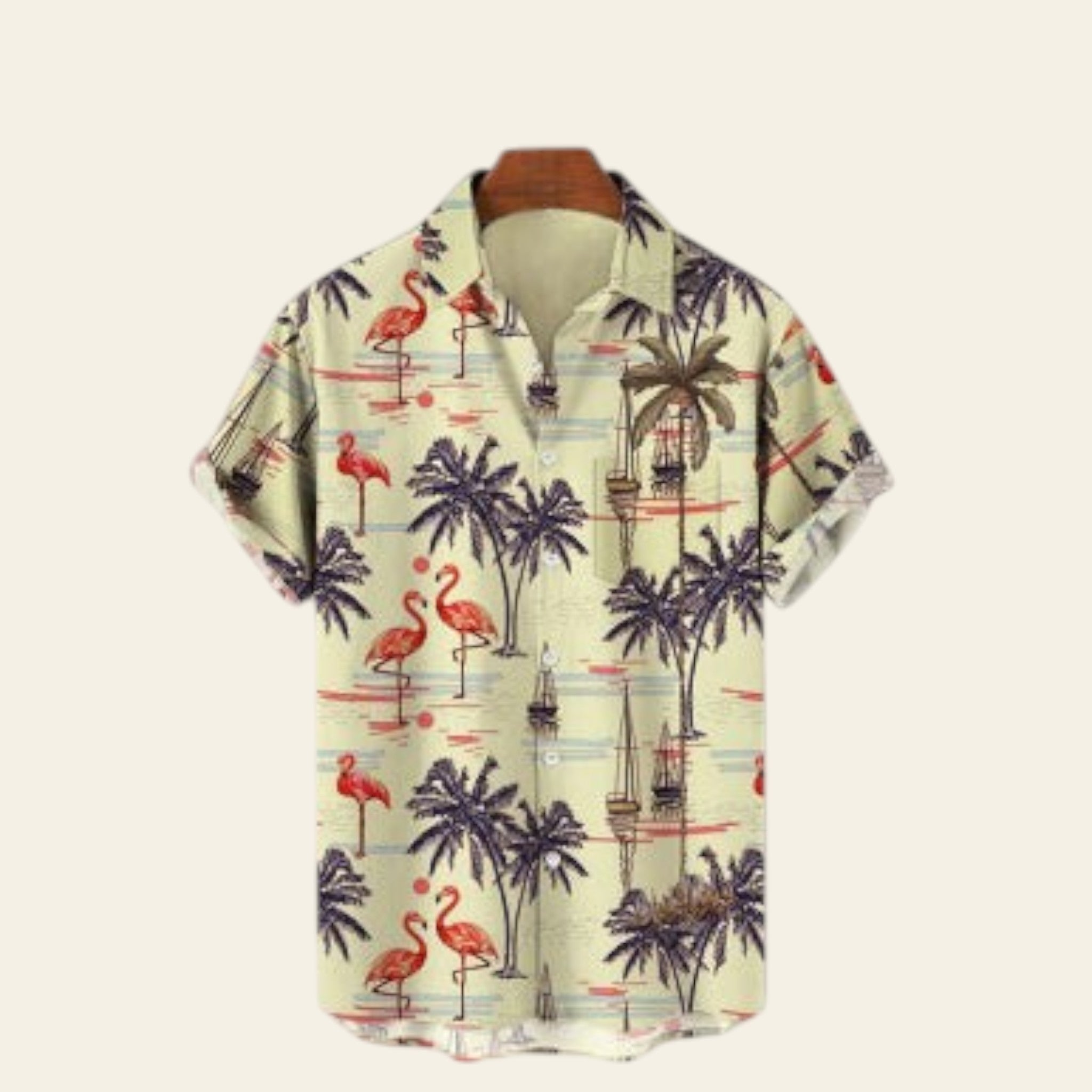 White men's short sleeve shirt with tropical palm tree and flamingo print, casual lapel design