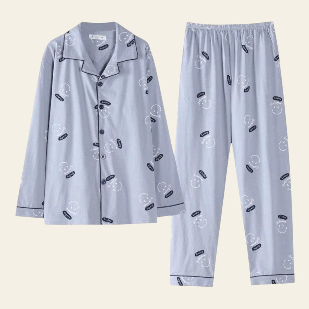 Gray pajama set with black and white patterns on a white background