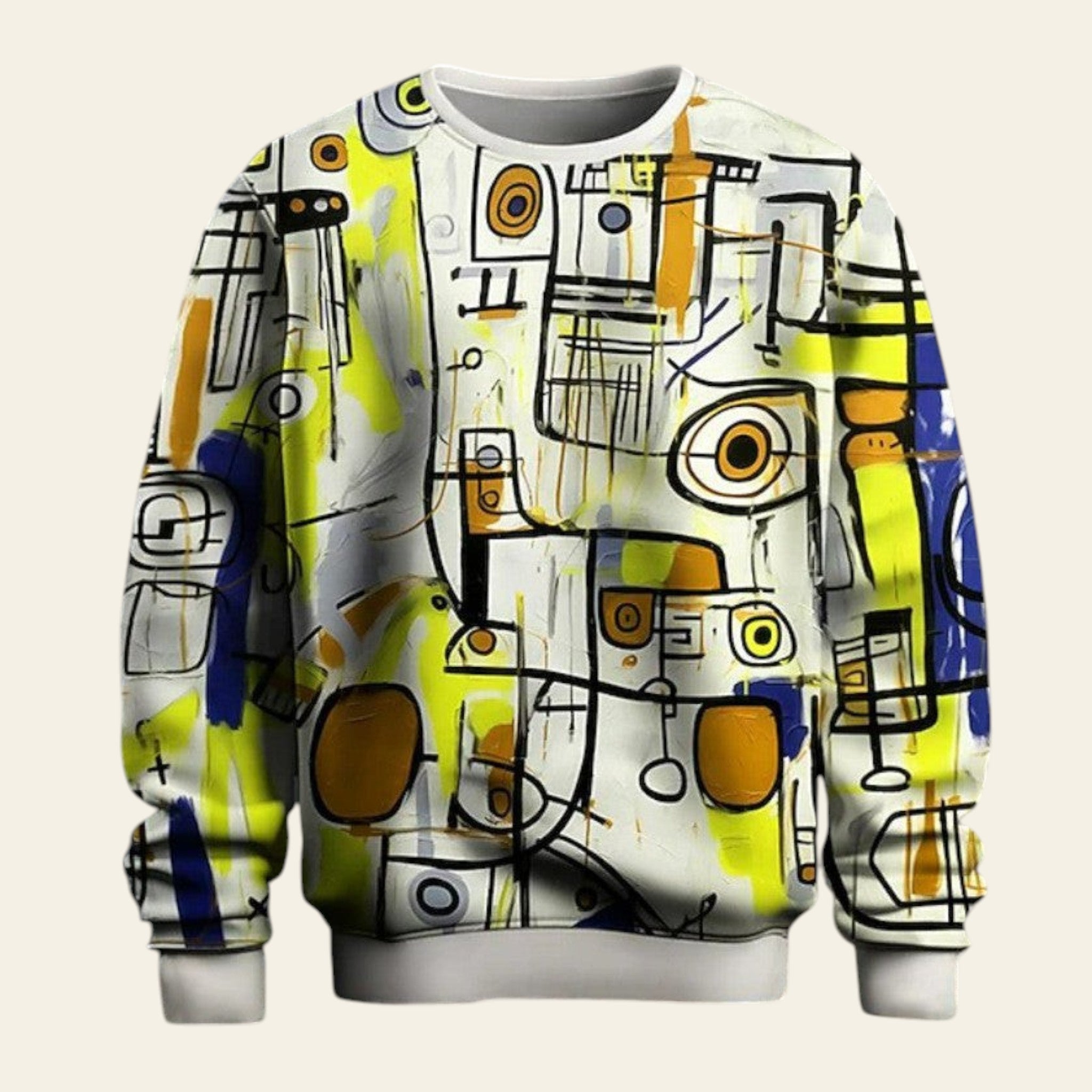 Men's graffiti print pullover hoodie - yellow & blue abstract pattern