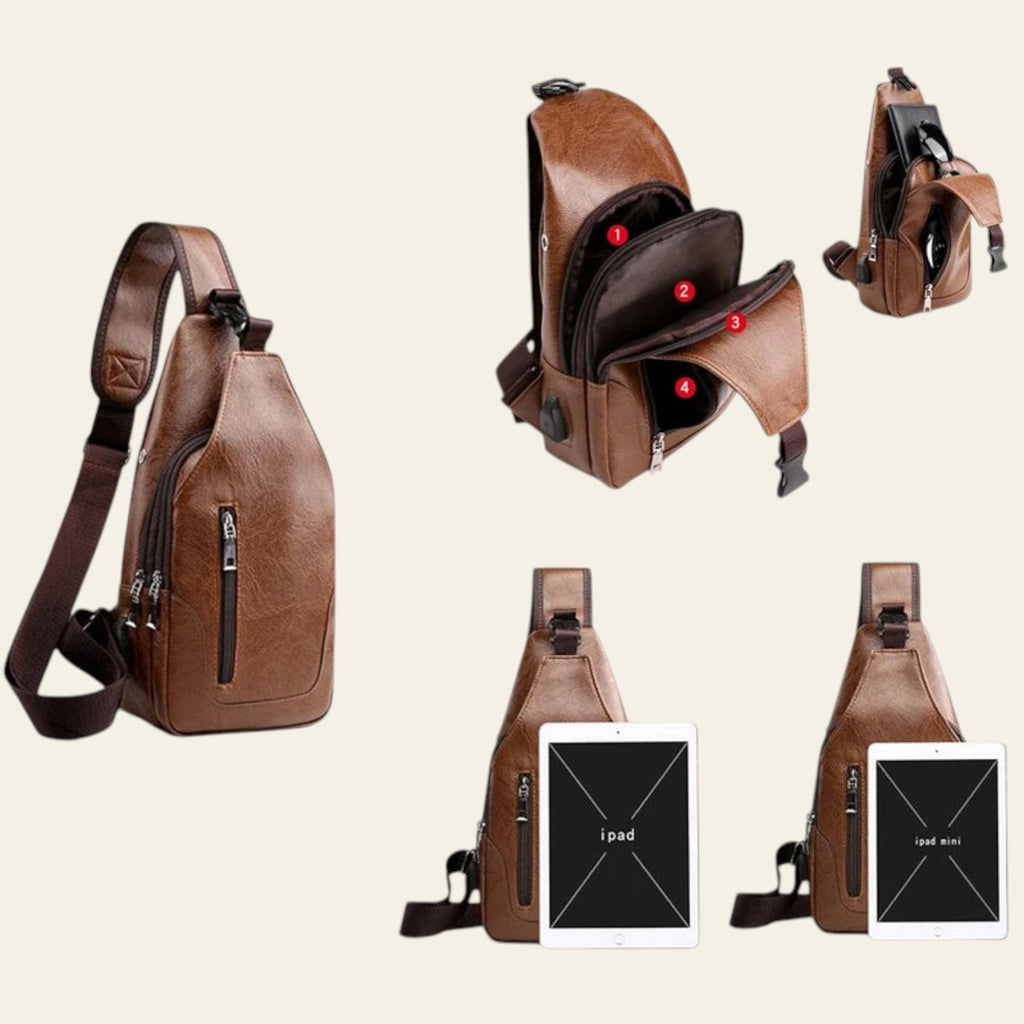 Brown leather sling bag with dimensions and tablet size comparison on a white background