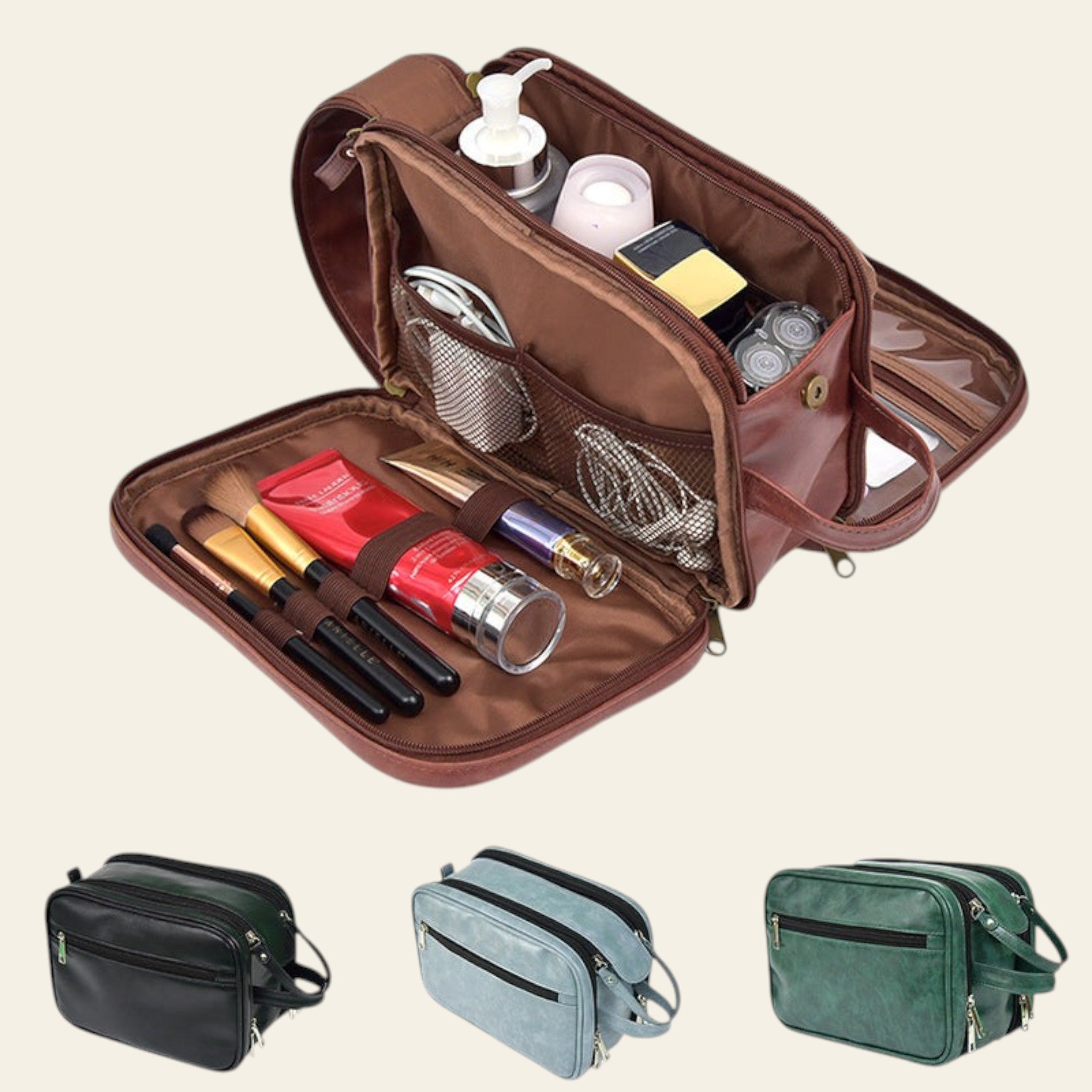 Open brown makeup bag with cosmetic items and smaller bags in black, gray, and green on a white background.