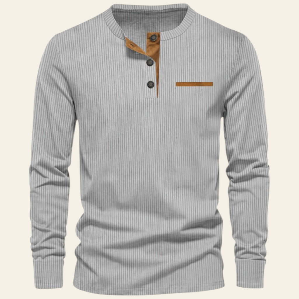 Gray long-sleeve shirt with brown buttons and trim on a white background