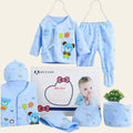 Baby clothing set with blue bear design, including a hat, onesie, pants, and more, displayed against a white background.