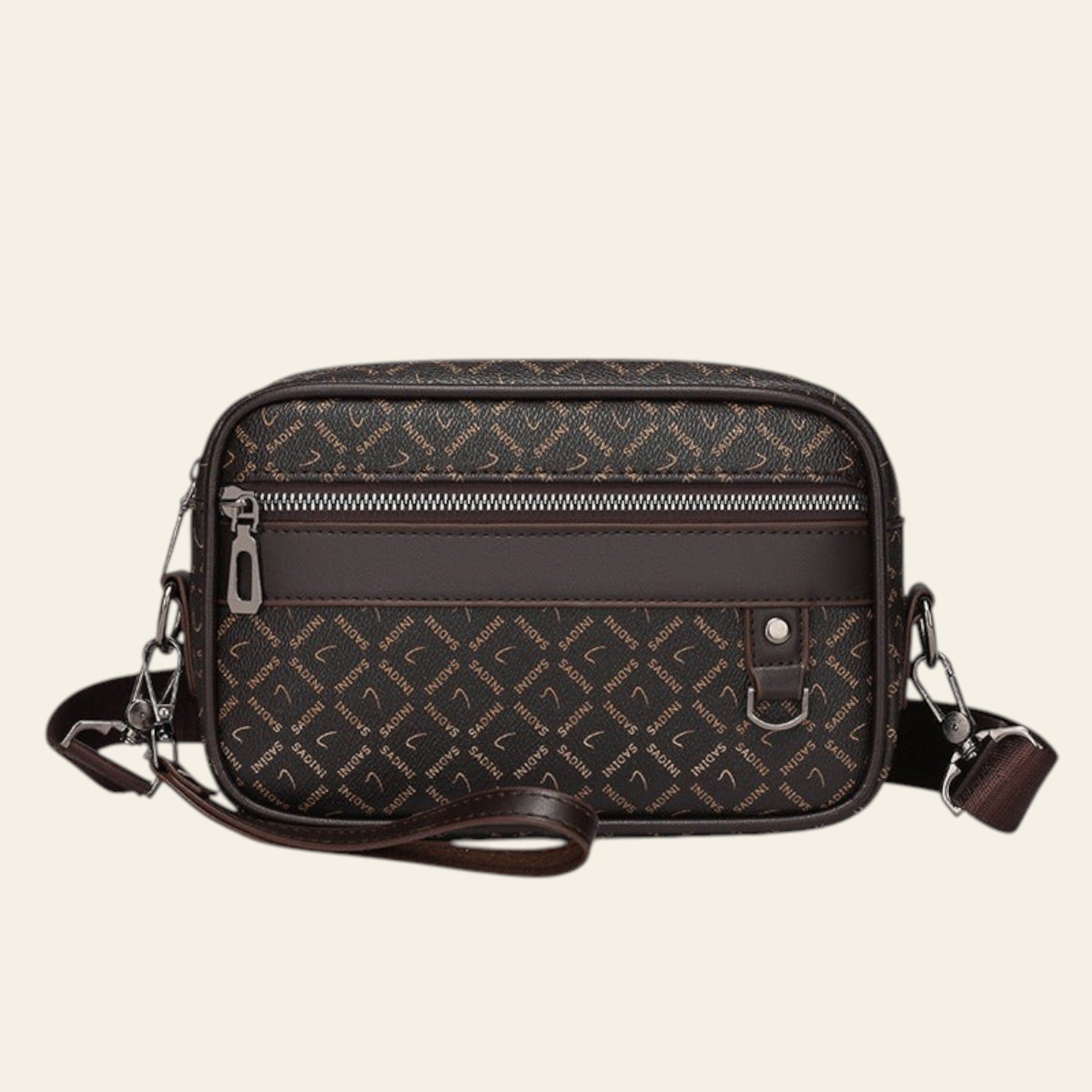 Brown patterned crossbody bag on a white background