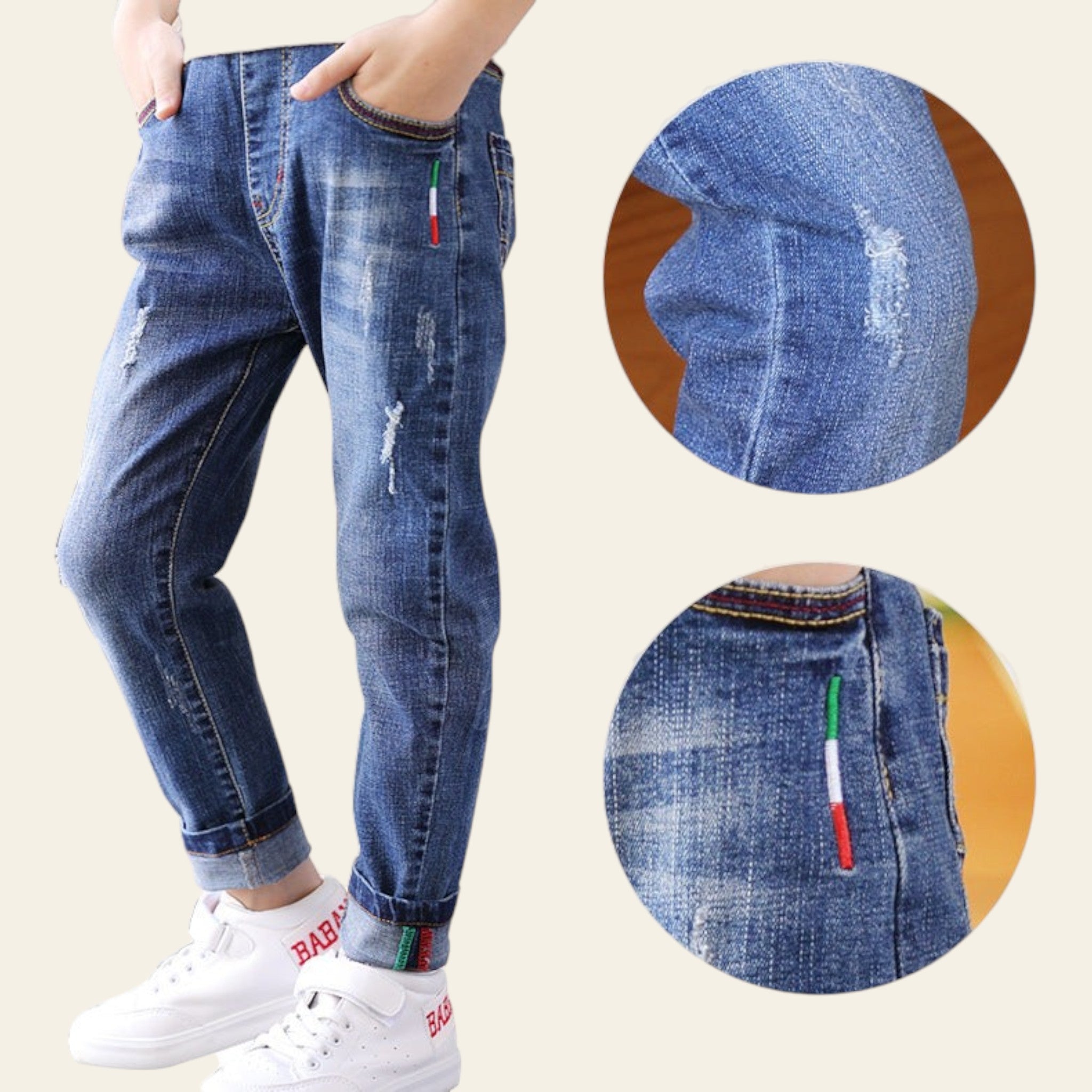 Blue jeans with detailed close-ups on a white background