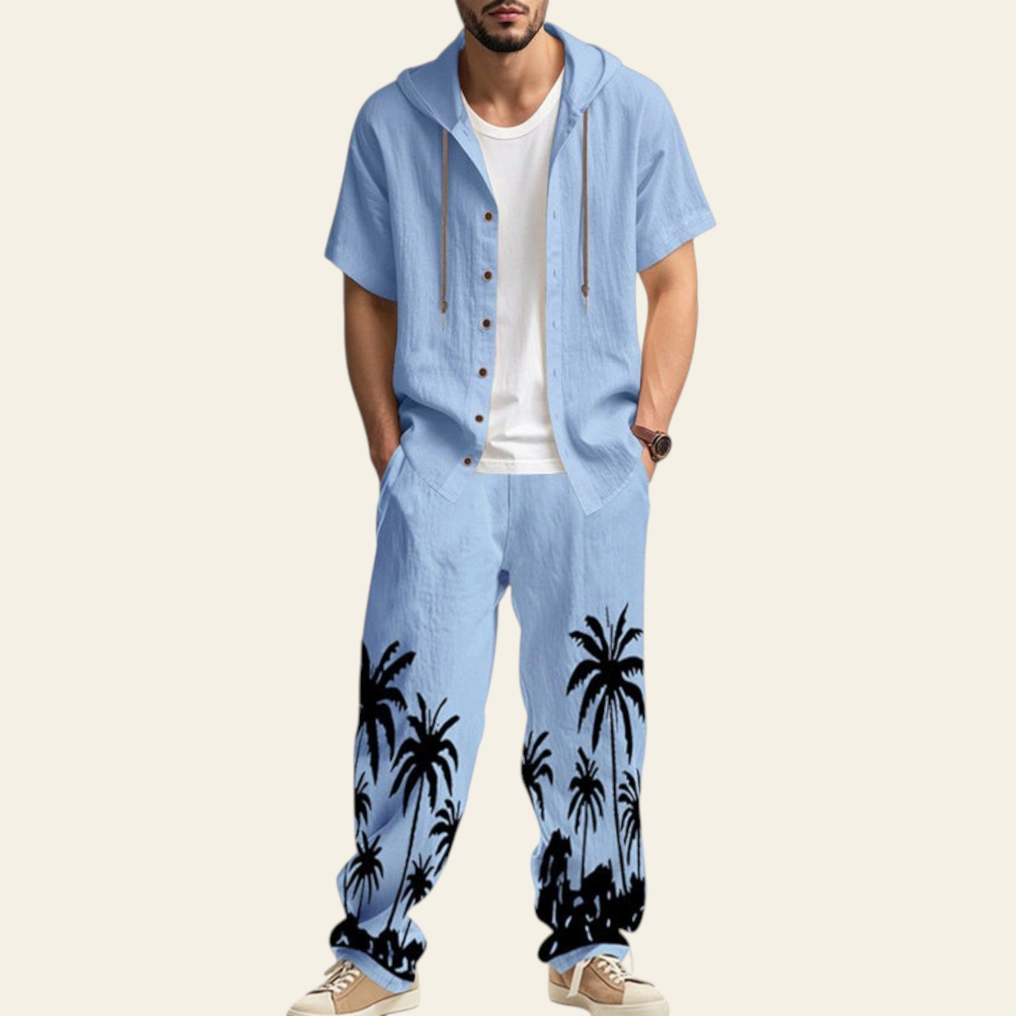 Man wearing a complete men's casual set with hooded short sleeve shirt and matching trousers in light blue color