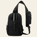Black sling bag with a water bottle holder on a white background