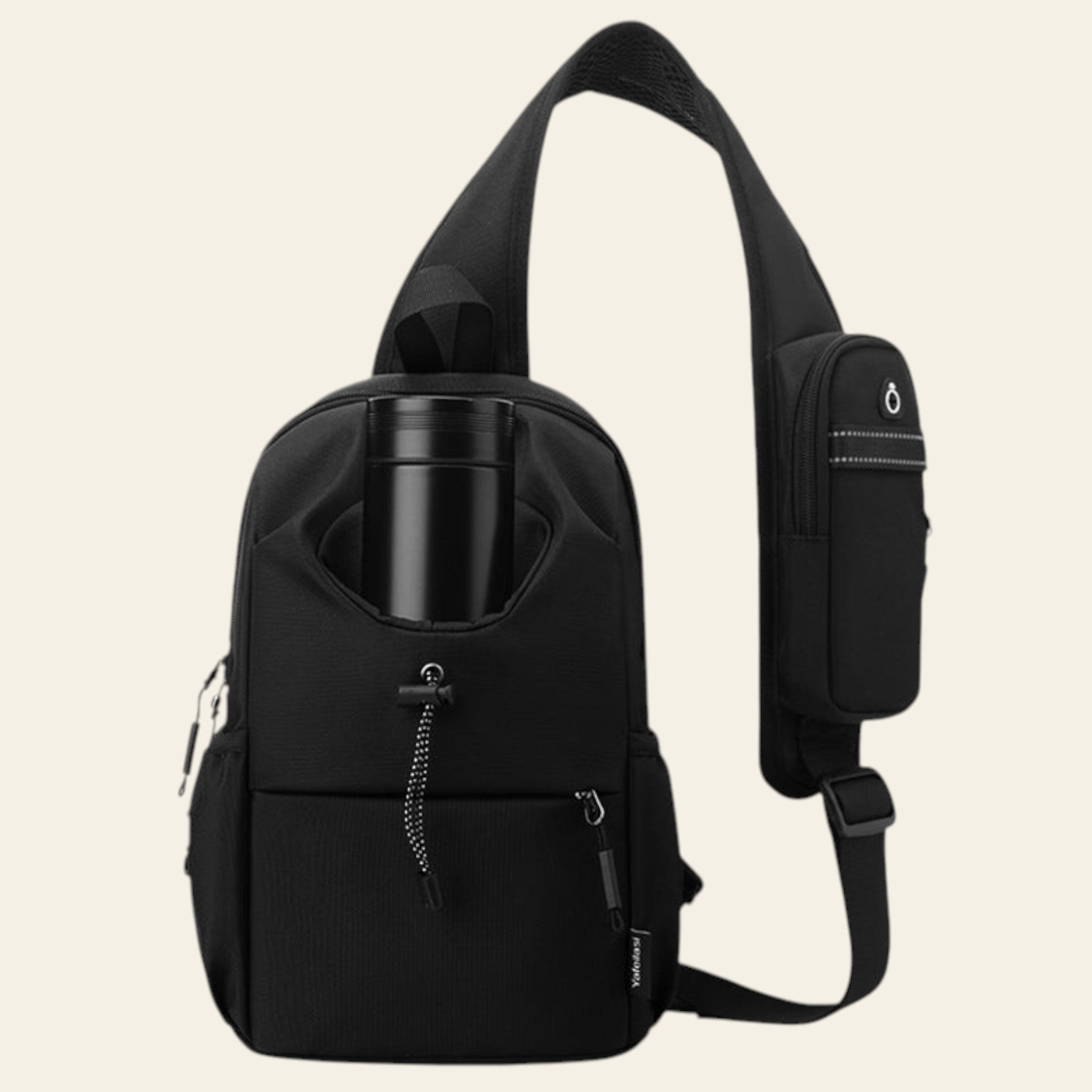 Black sling bag with a water bottle holder on a white background