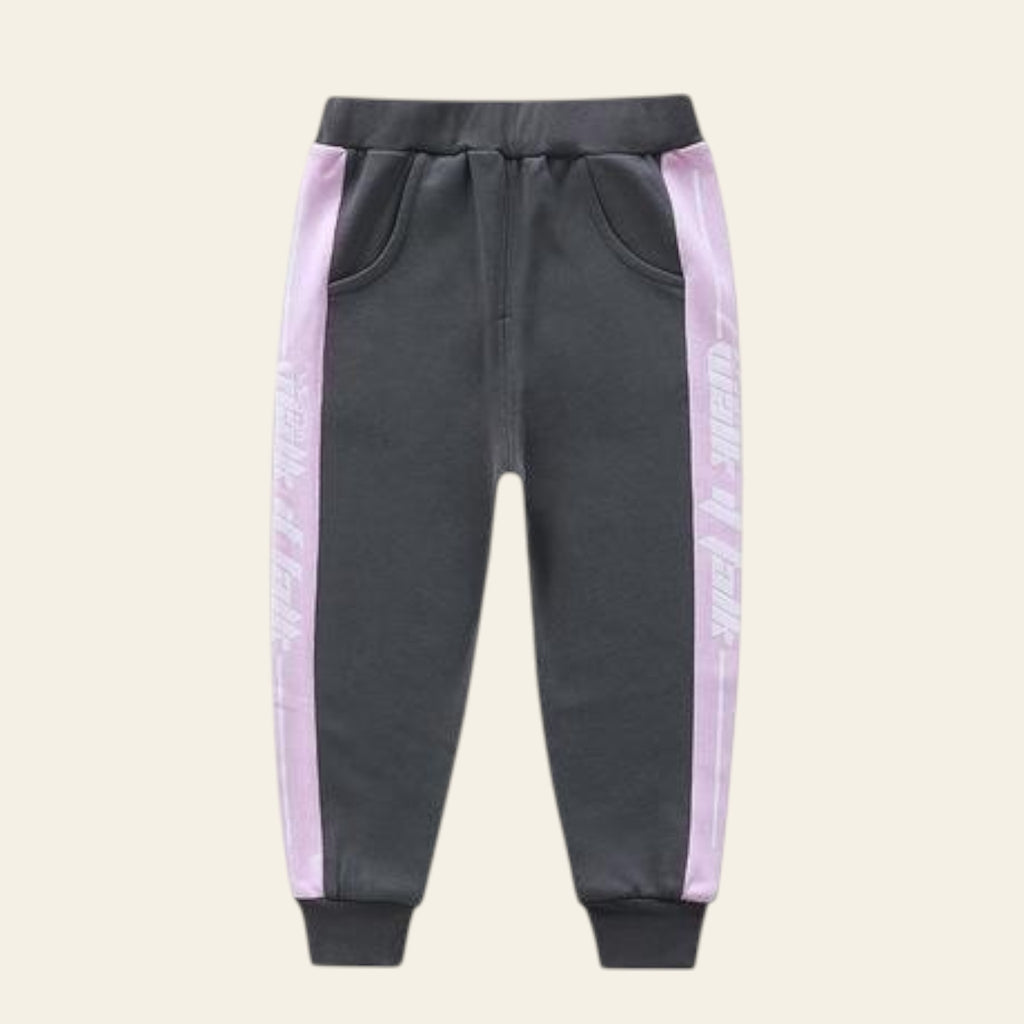 Gray sweatpants with pink side stripes on a white background