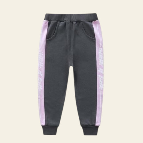 Gray sweatpants with pink side stripes on a white background
