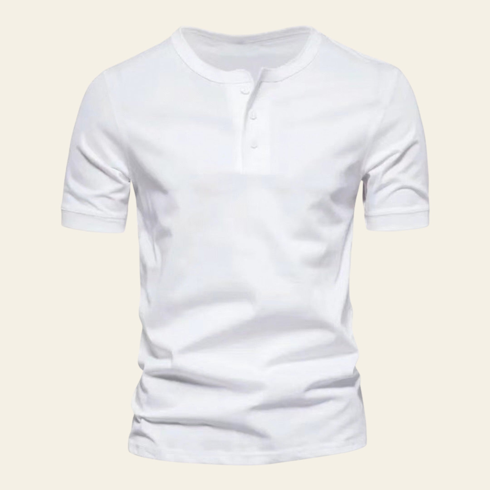 Men's white short-sleeve henley t-shirt with crew neck on white background
