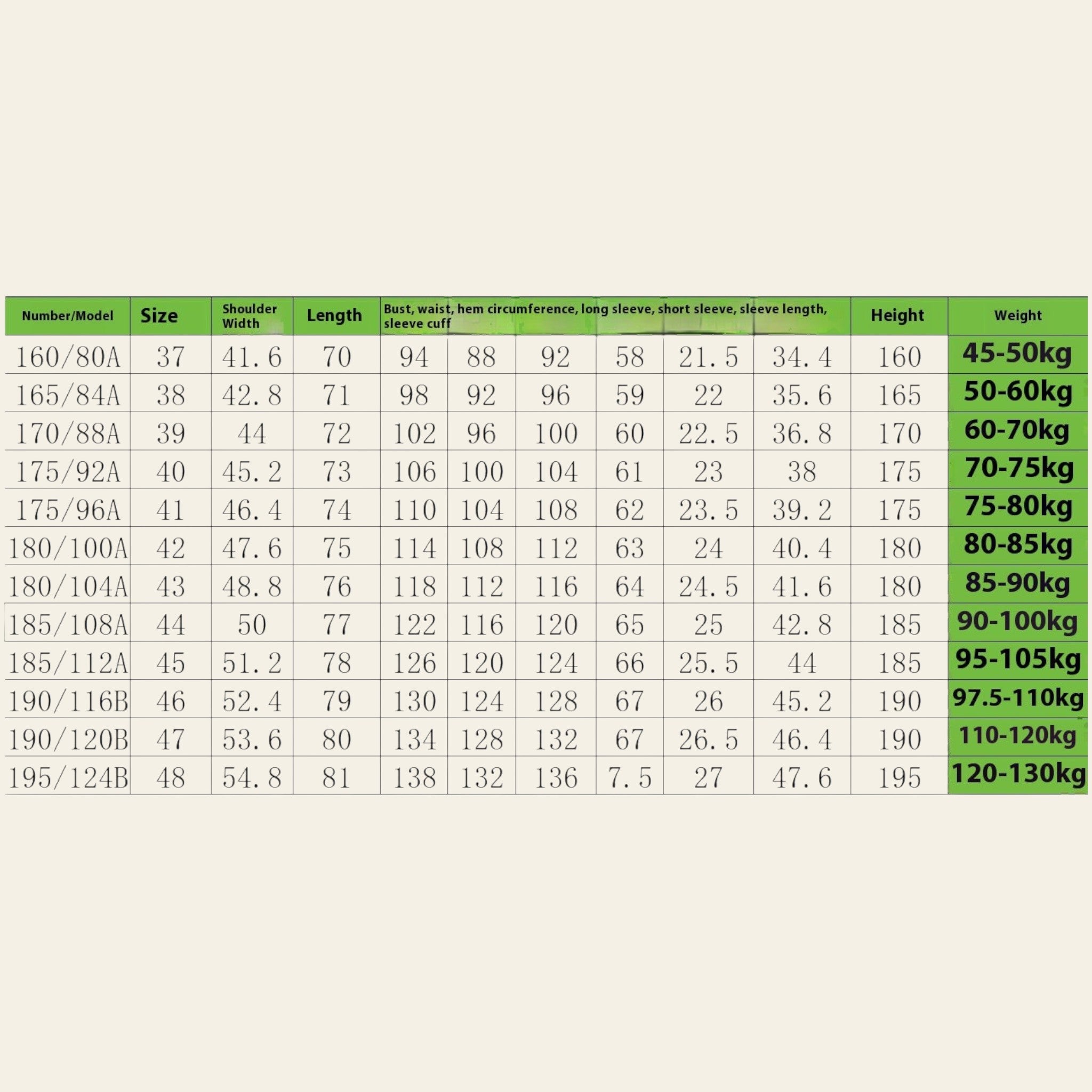 Men's long sleeve shirt size chart showing measurements, height and weight guide