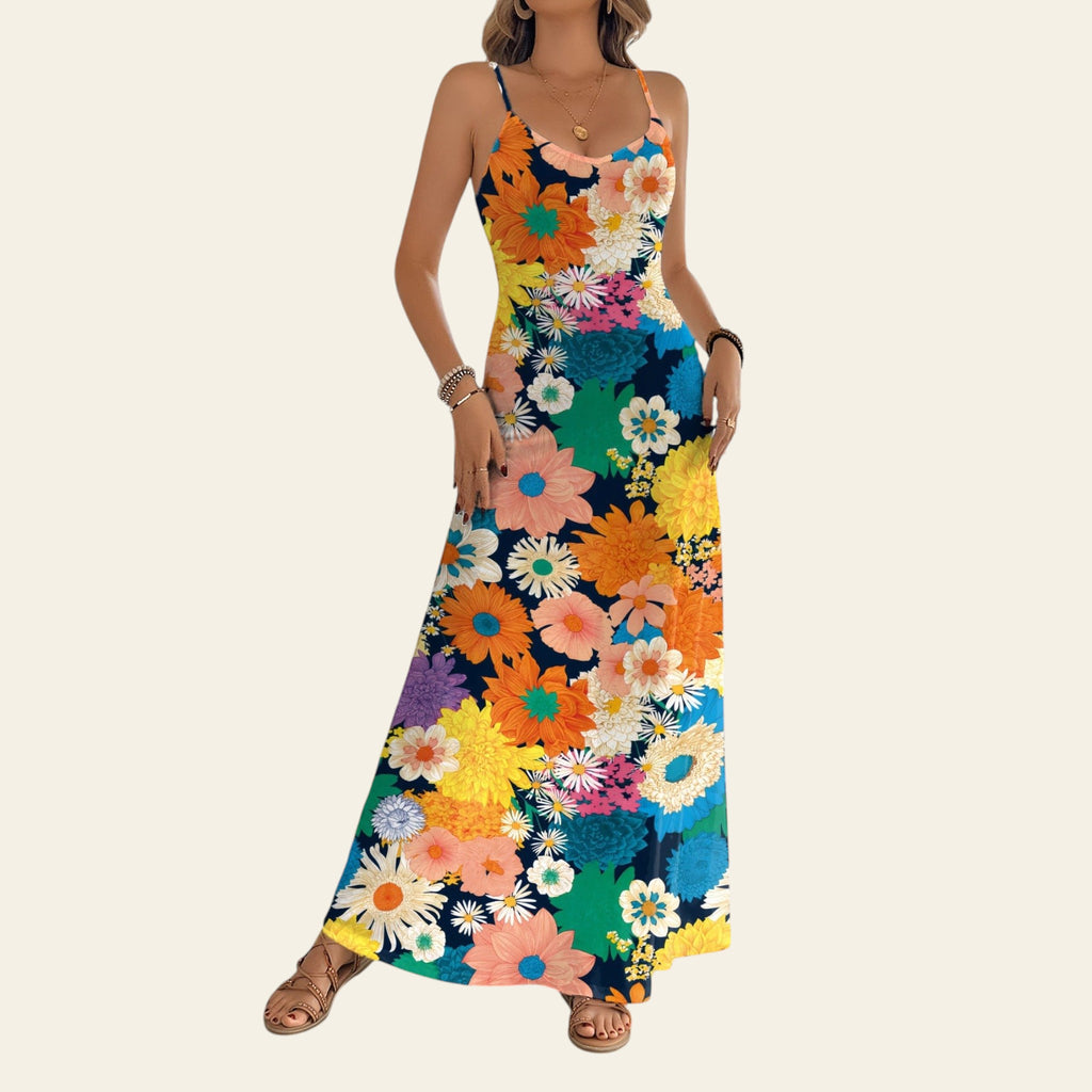 Women's long floral slip dress colorful print side view