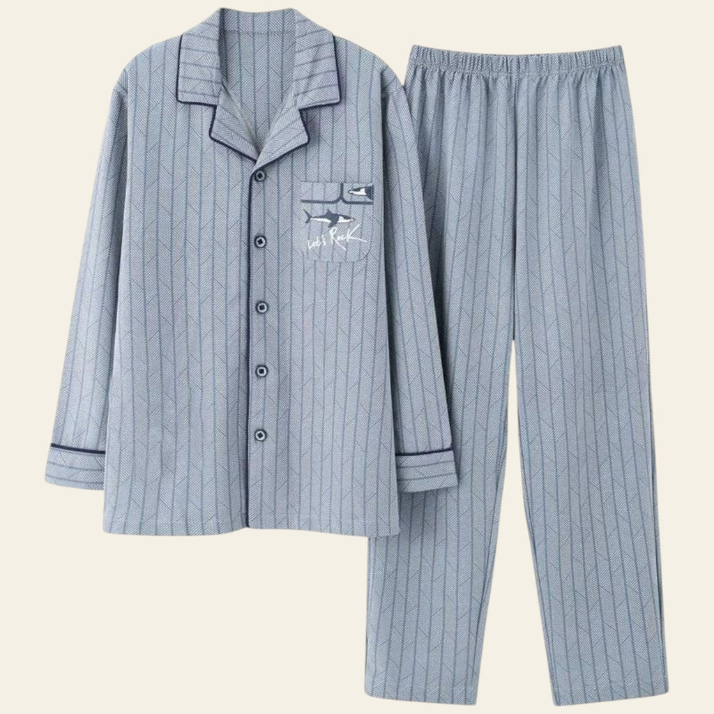 Blue striped pajama set with a shirt and pants on a white background