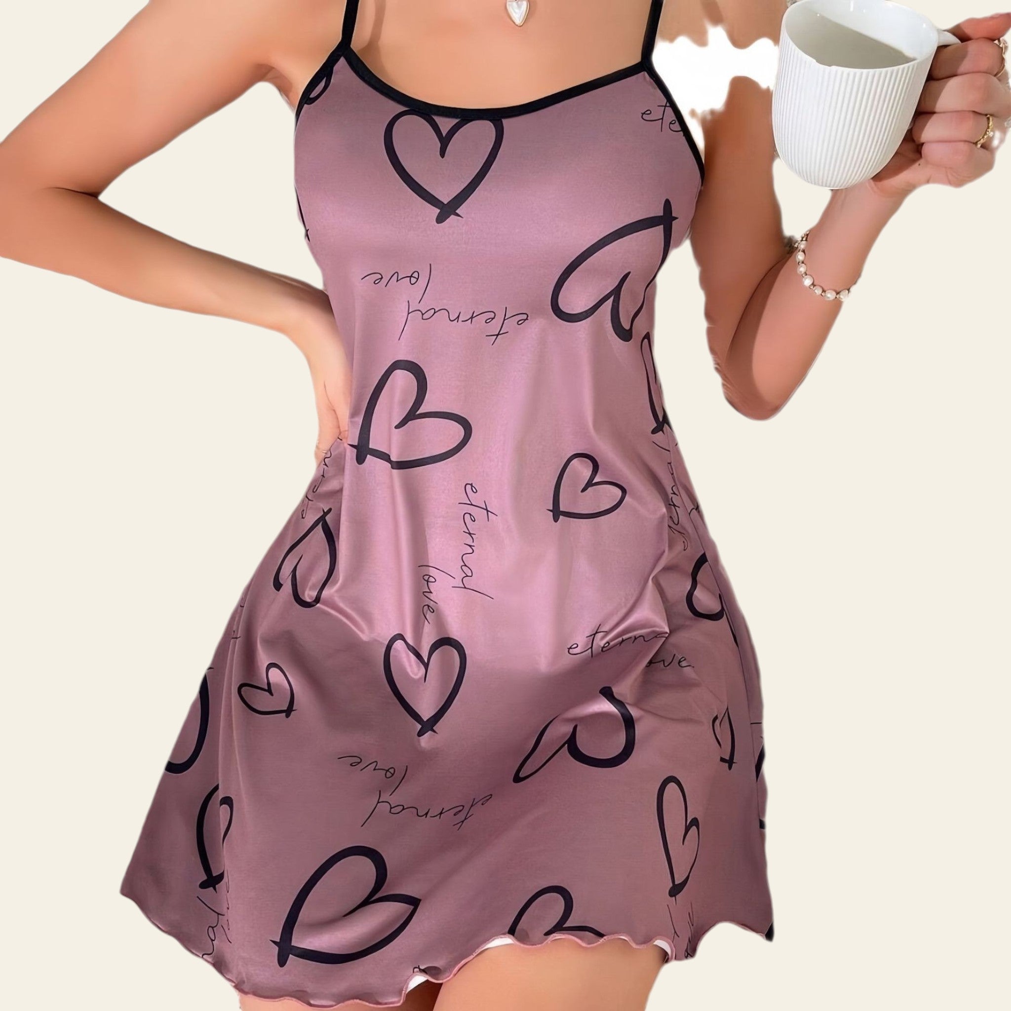 Women wearing heart print camisole nightdress