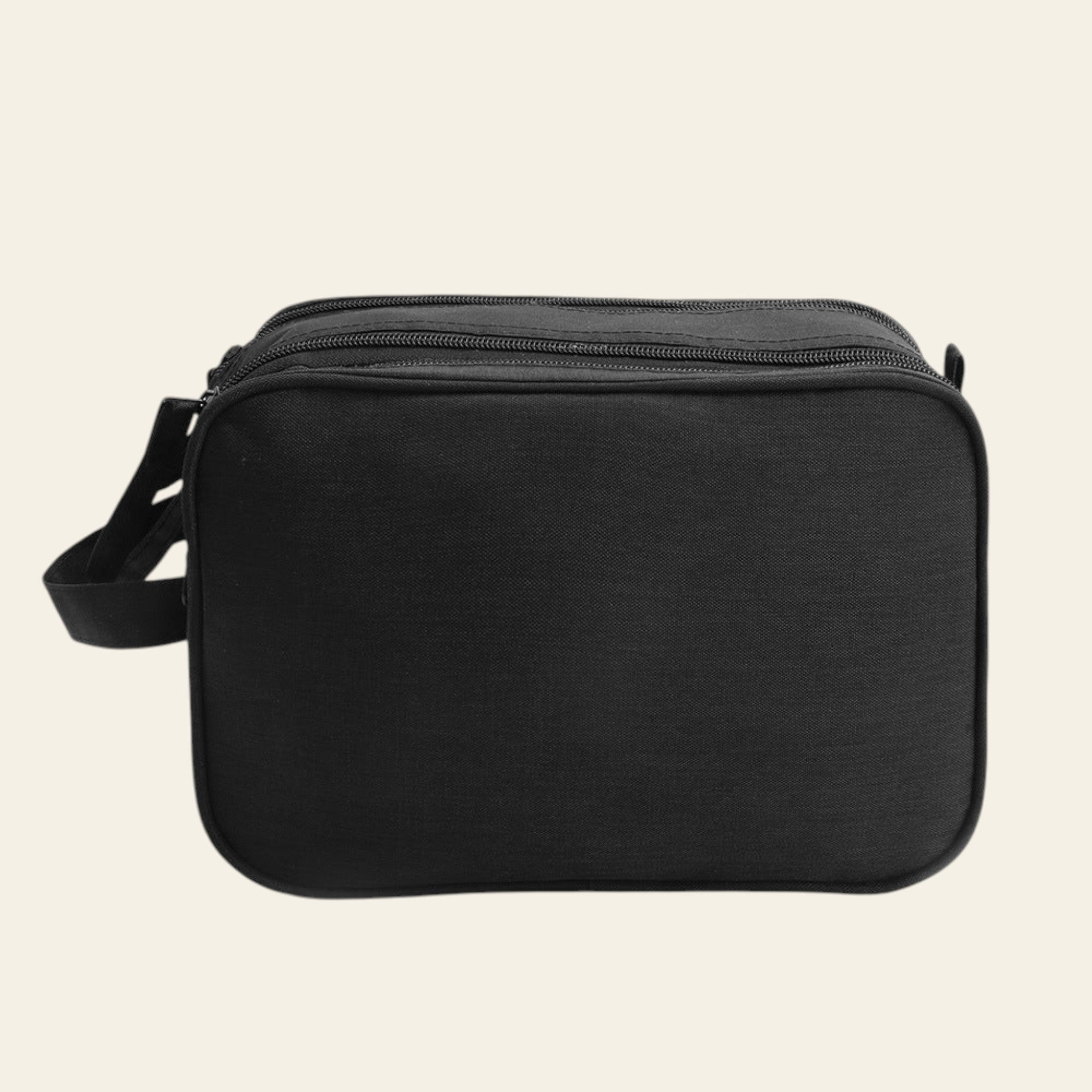 Black rectangular bag with a strap on a white background