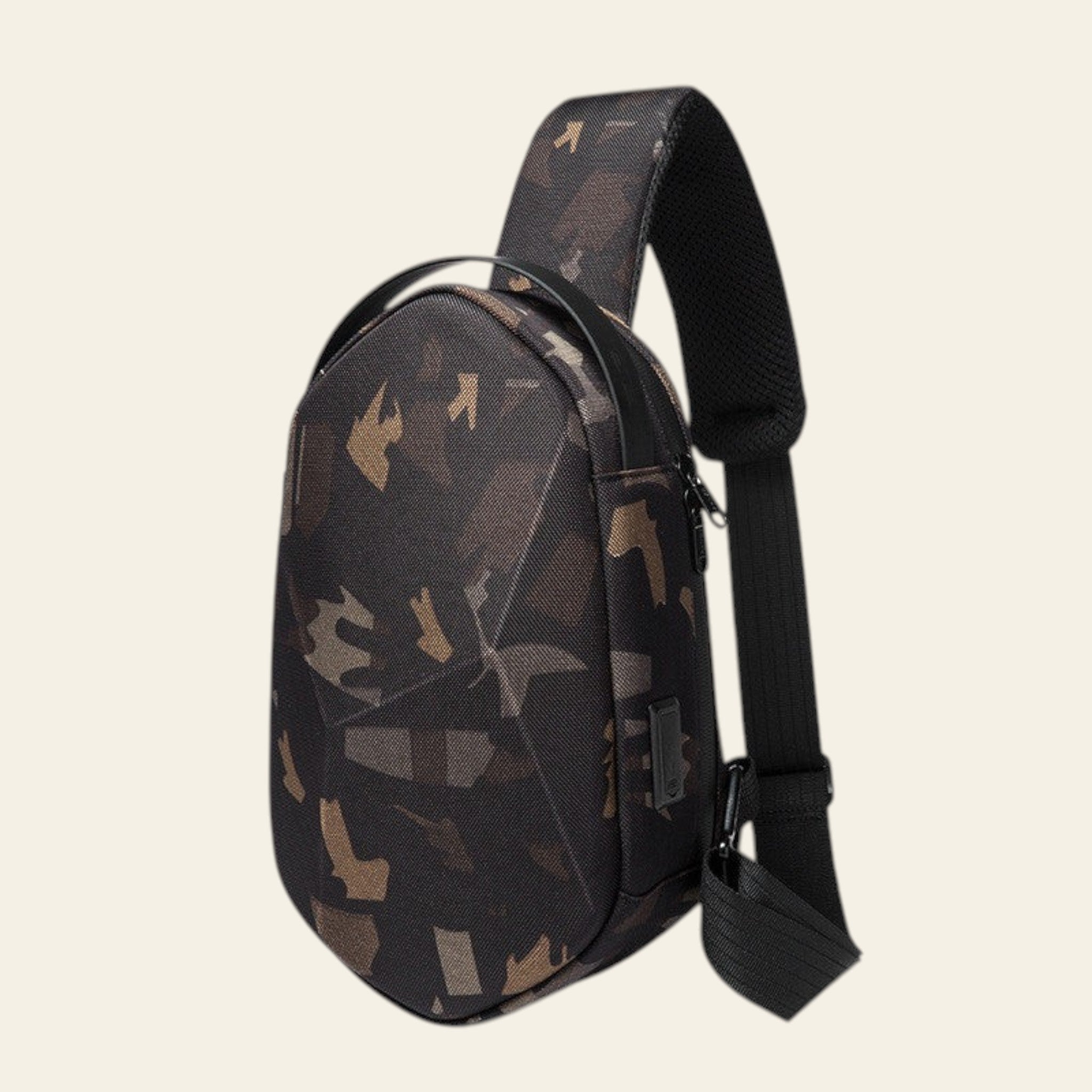 Camouflage-patterned sling bag on a white background