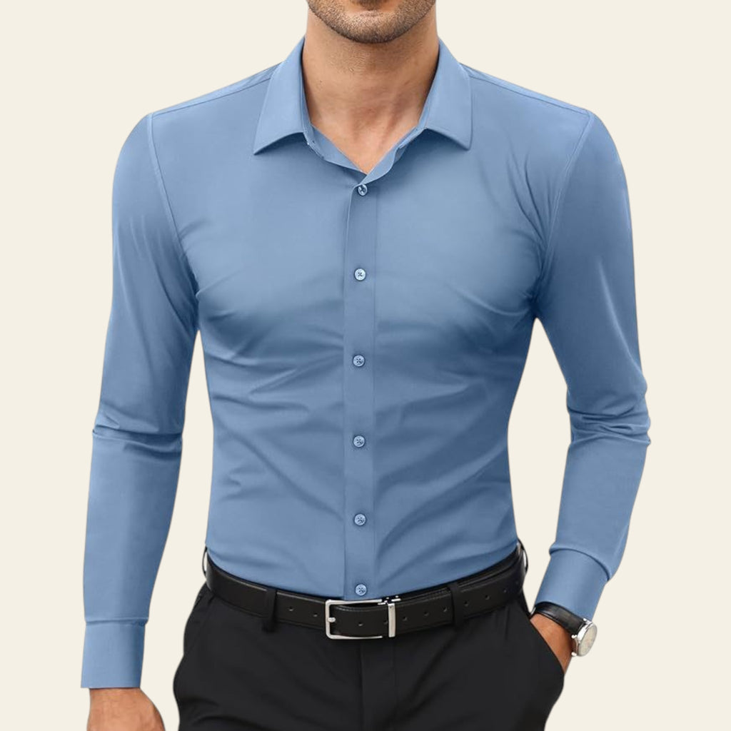 Man wearing a haze blue long sleeve men's shirt