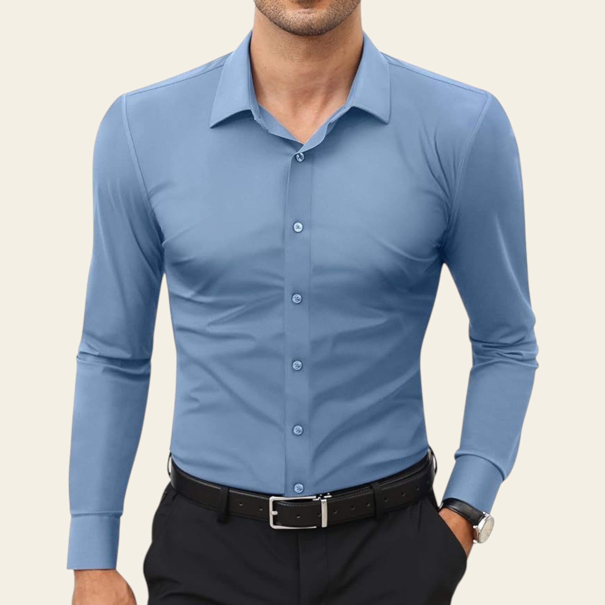 Man wearing a haze blue long sleeve men's shirt