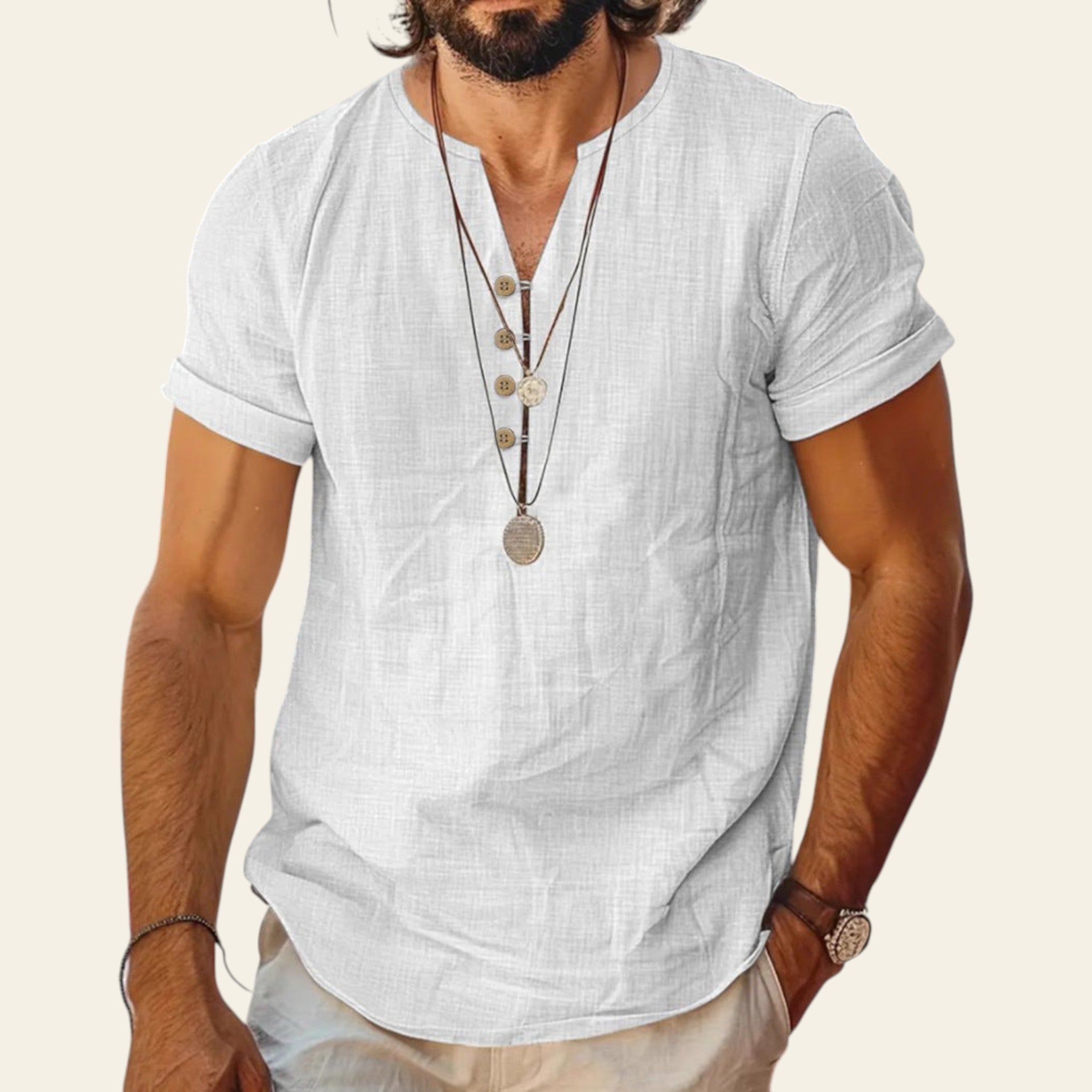 Man wearing a lightweight short sleeve cotton top in White