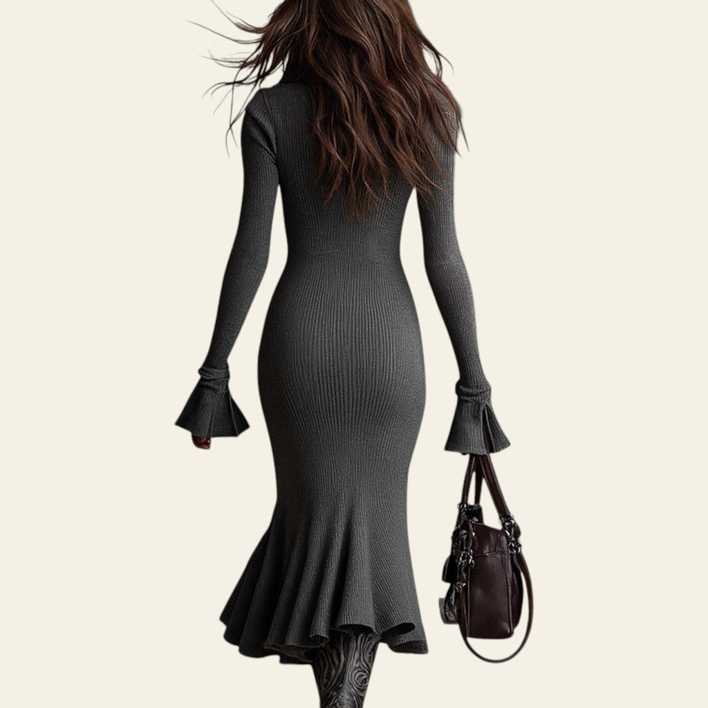 Woman wearing a dark gray pleated V-neck knitted mermaid dress against a gray background