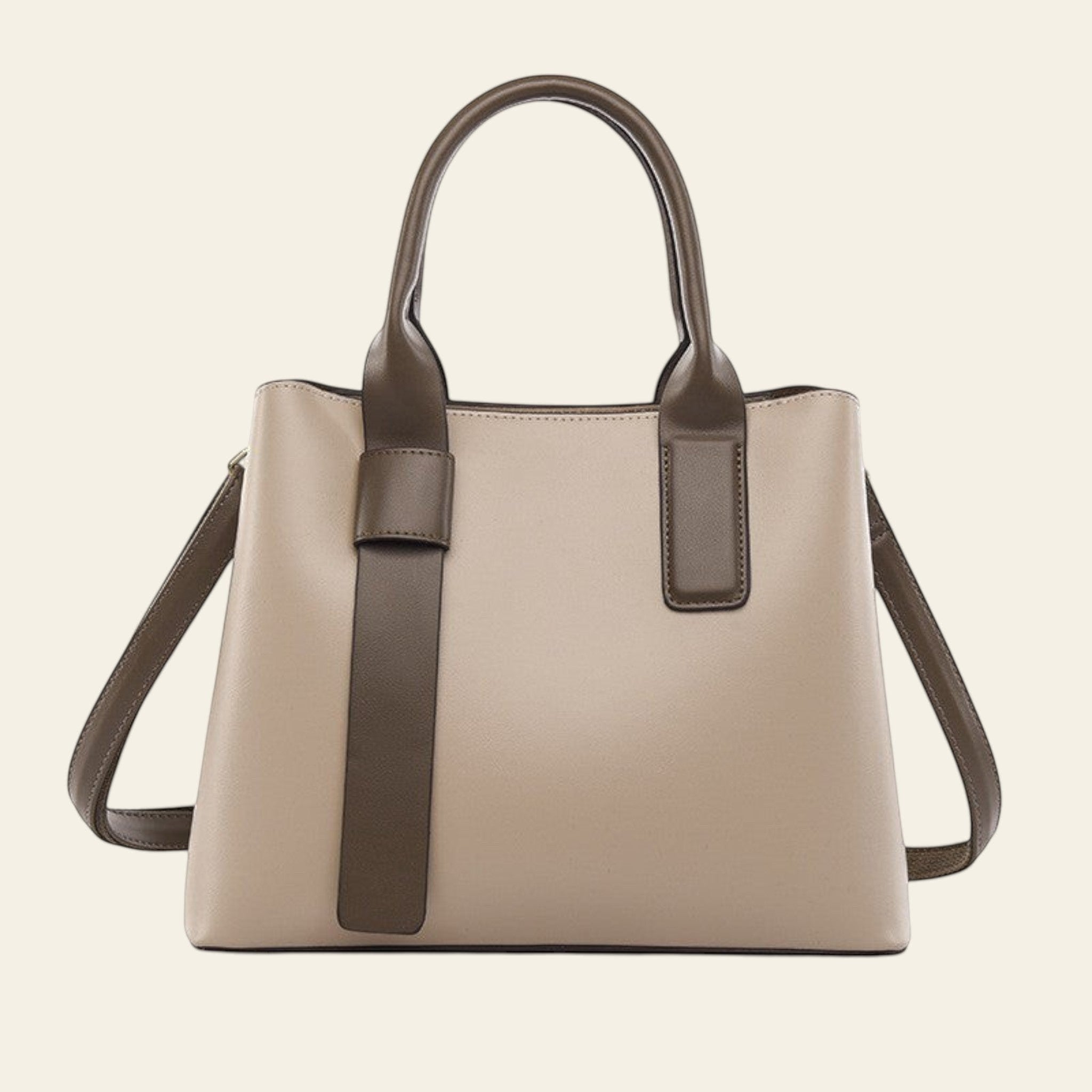 Beige handbag with brown accents on a white background