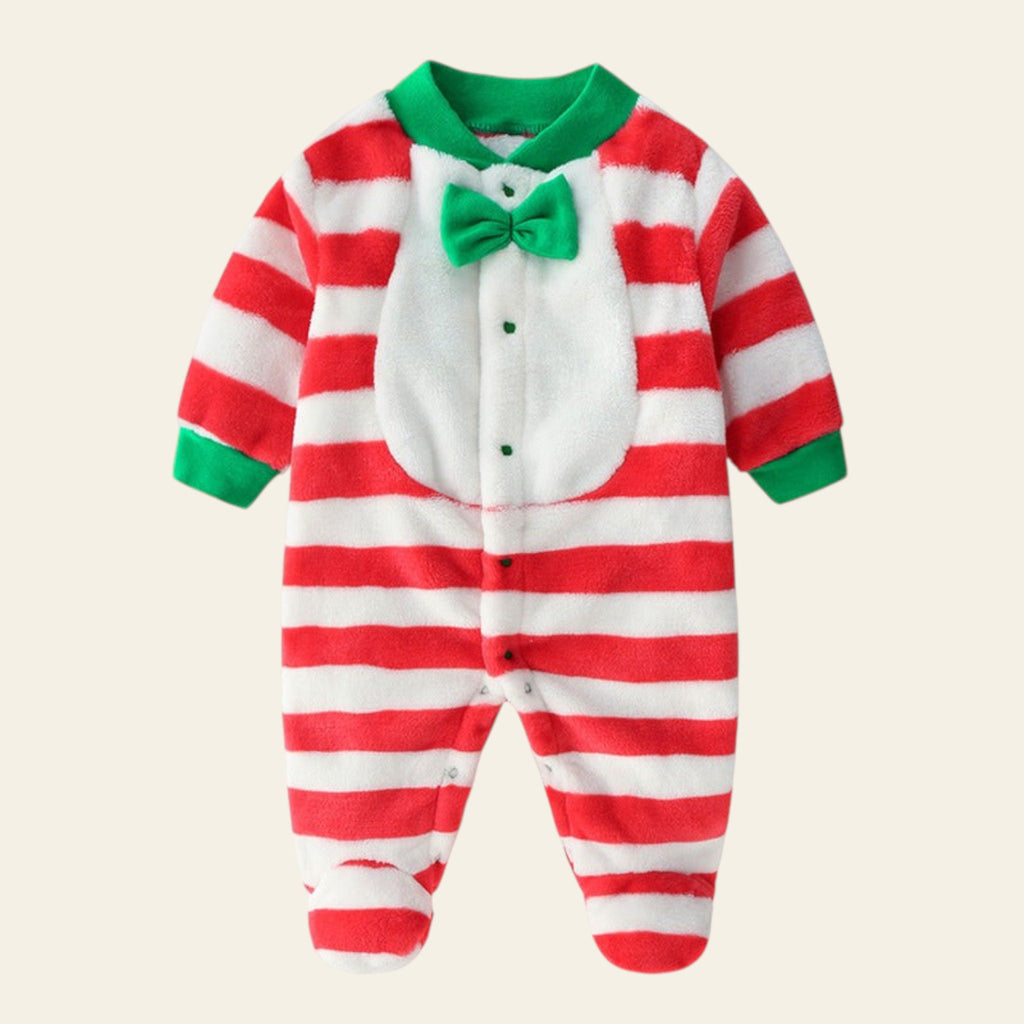 Red and white striped baby onesie with green trim and bow tie on a white background