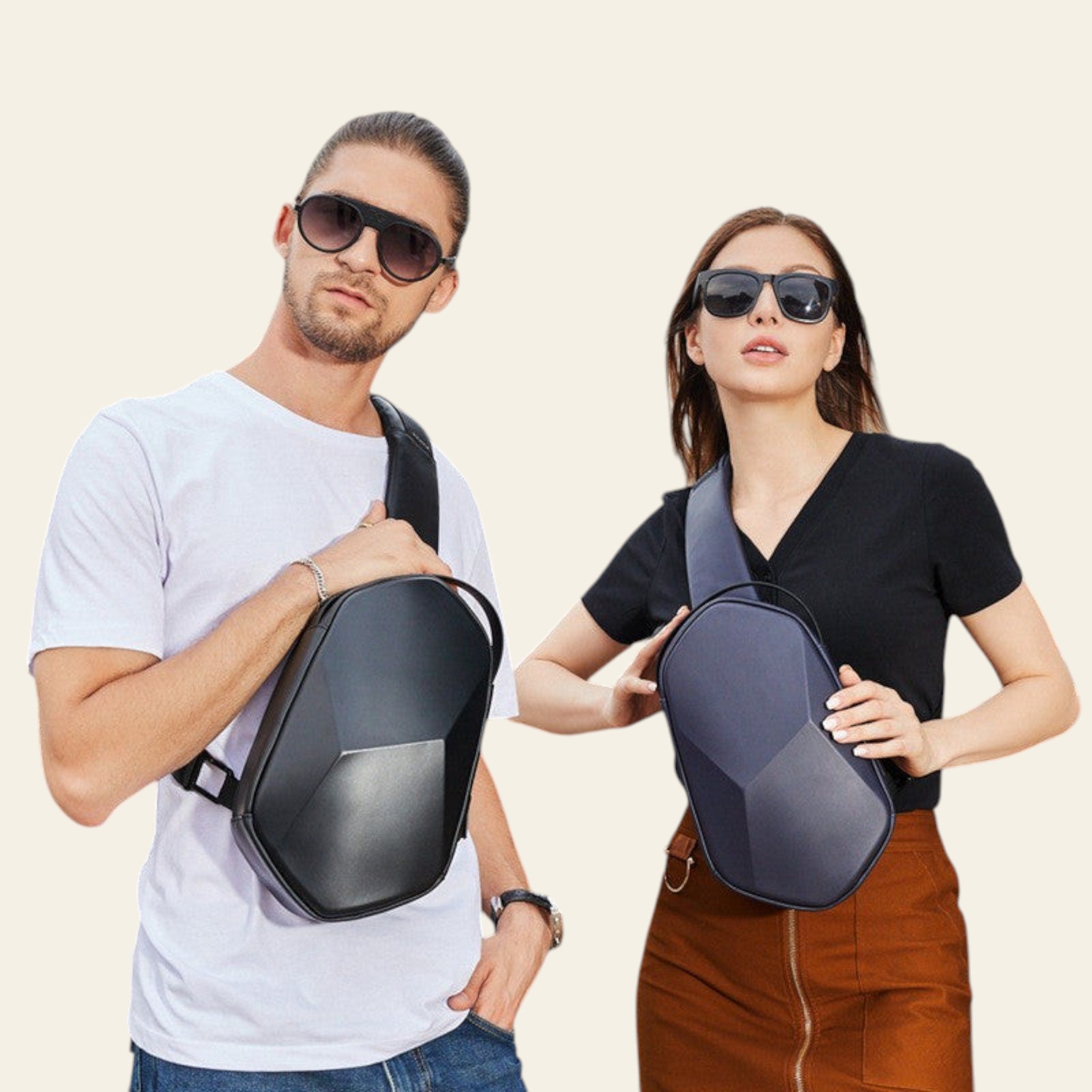 Two people holding black crossbody bags in an urban setting