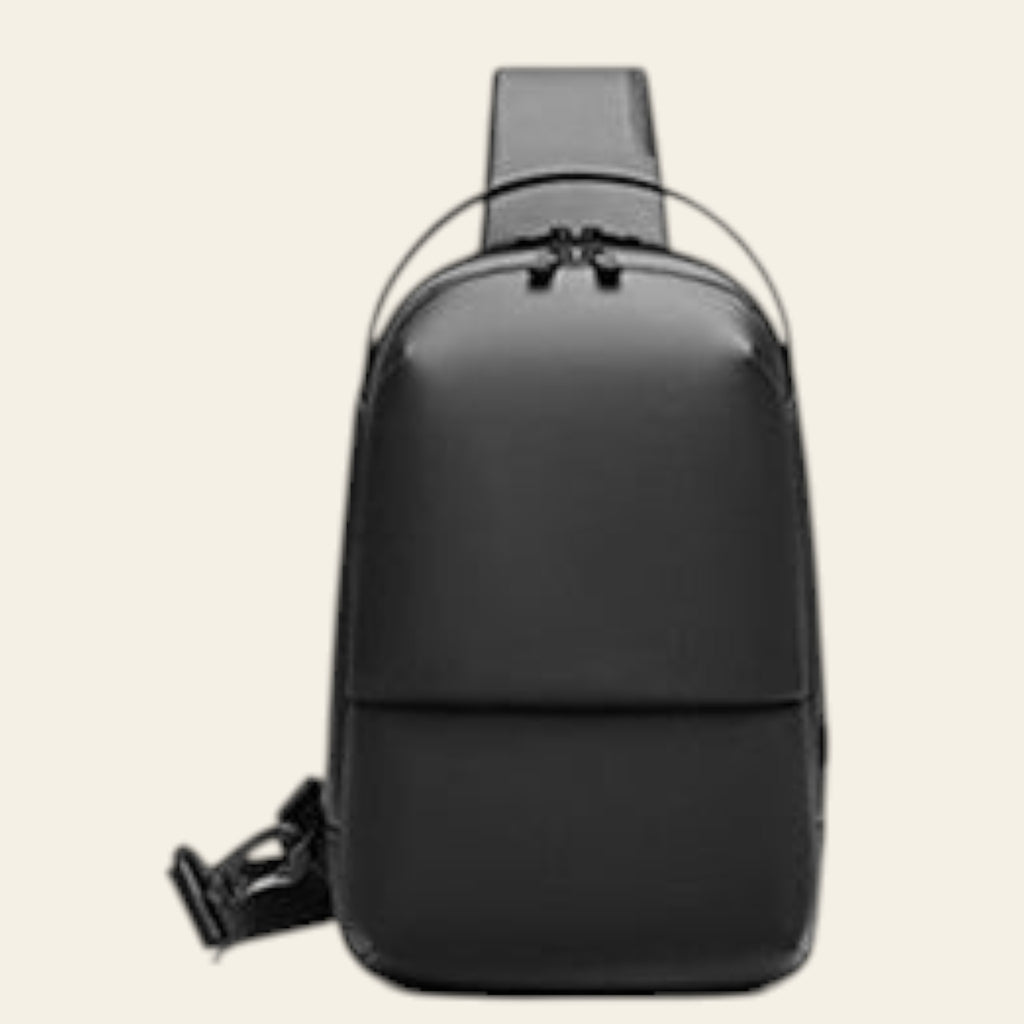 Black sling bag on a white background