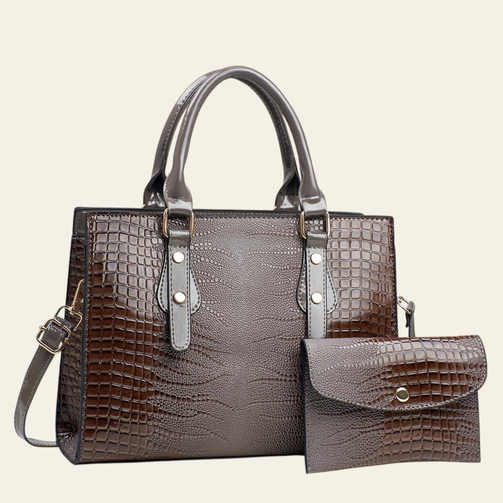 Brown textured handbag with matching wallet on a light gray background