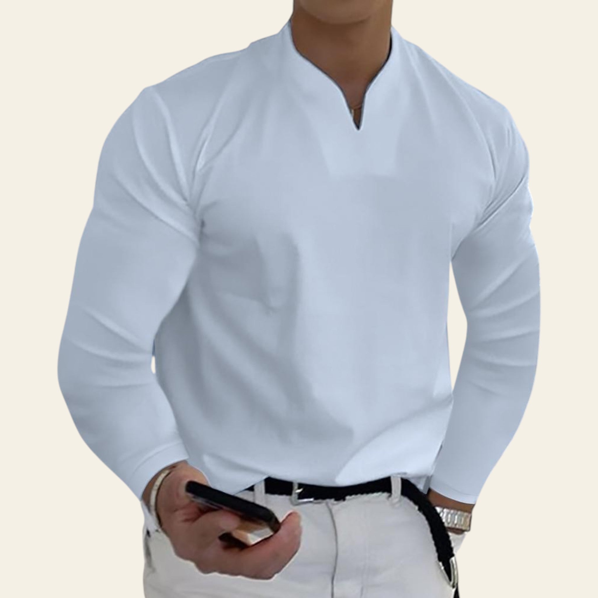 Man wearing a white V-neck long sleeve breathable T-shirt