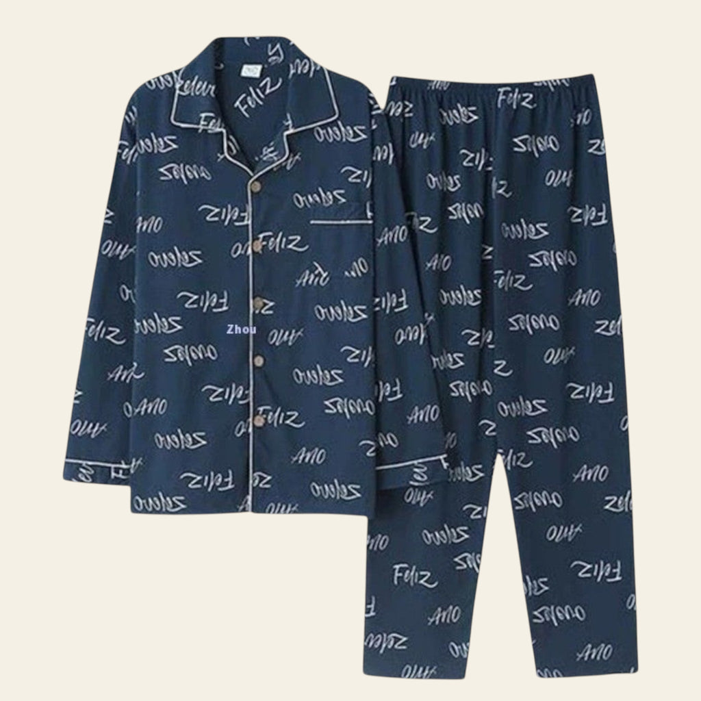 Blue pajama set with white text pattern on a white background