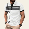 Man wearing a white polo shirt with black stripes