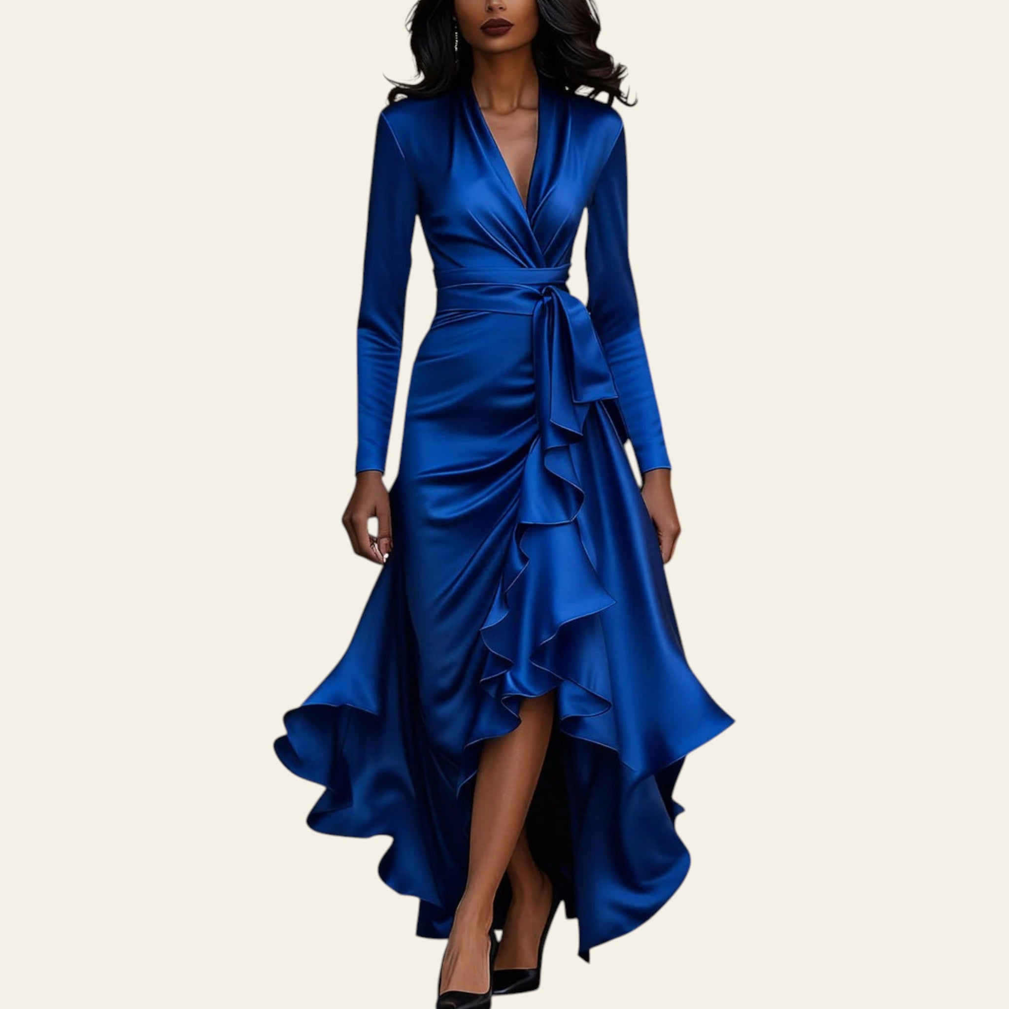 Woman wearing a sapphire blue satin V-neck ruffled hem dress walking on a city street