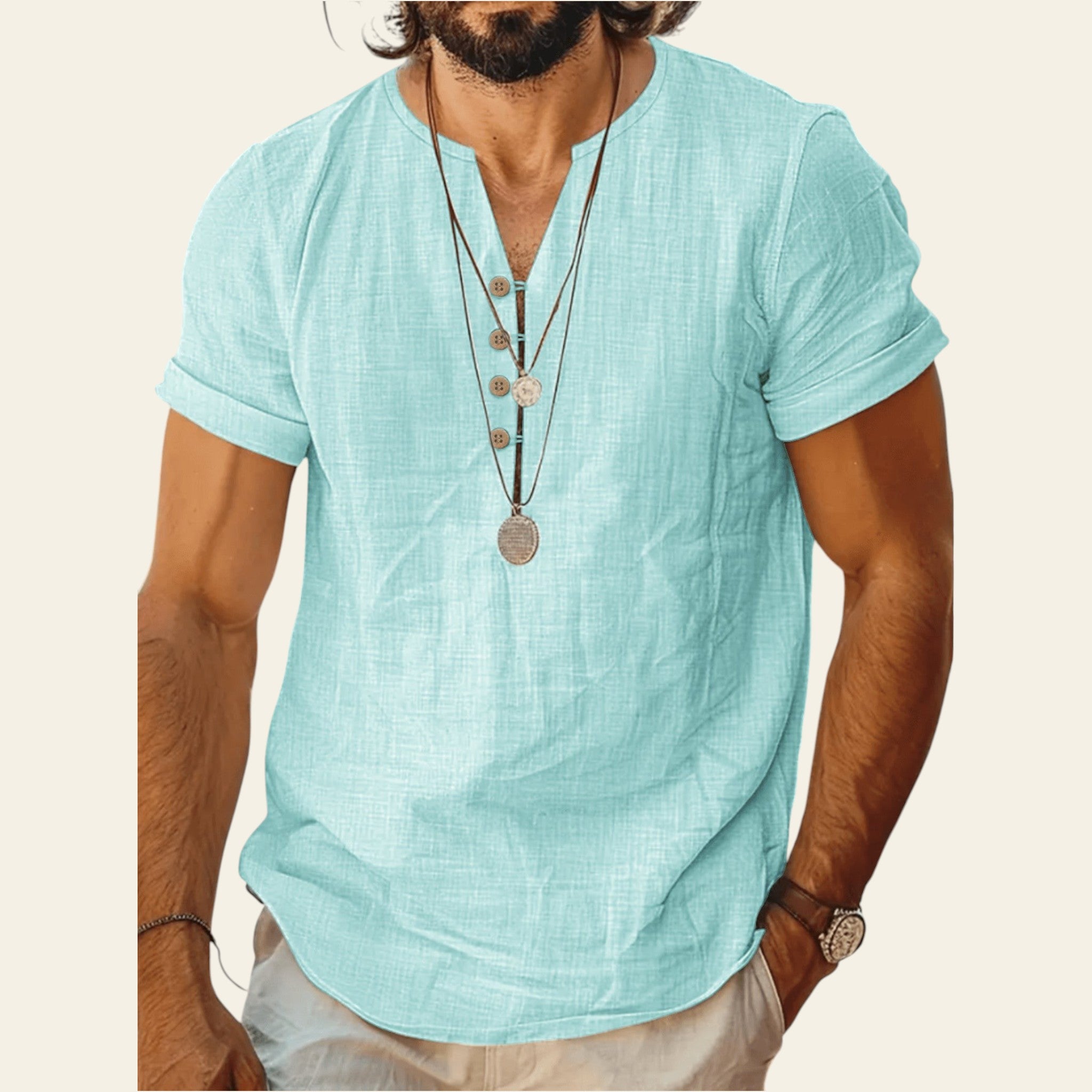 Man wearing a lightweight short sleeve cotton top in Light Blue